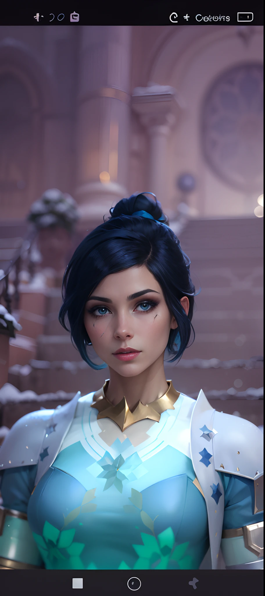 a close up of a person in a blue dress with a blue hair, short blue haired woman, ingame image, cattie - brie of mithril hall, brigitte, avatar image, zenra taliyah, inspired by Adélaïde Victoire Hall, taliyah, pharah, alluring mesmer woman, ethereal vaporous tan skin, icey snow background, snow, ice, hd, high quality, masterpiece, snow background beautiful snow, ice, 4k, bloom, clean smooth skin with a sword slash scar under her eye