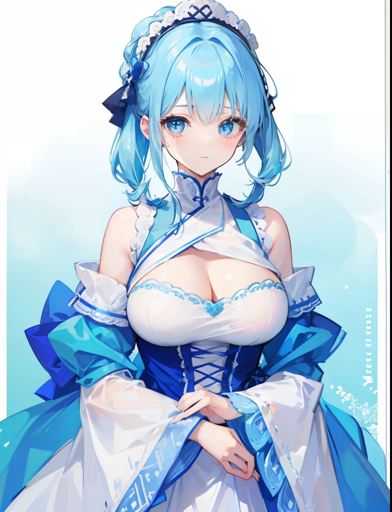 blue hairs,Blue and white clothes,Sexy big breasts,Sell cute very cute sweet girl,Same hairstyle and clothes as pictured,But more detailed than pictures,more clearly,More refined
