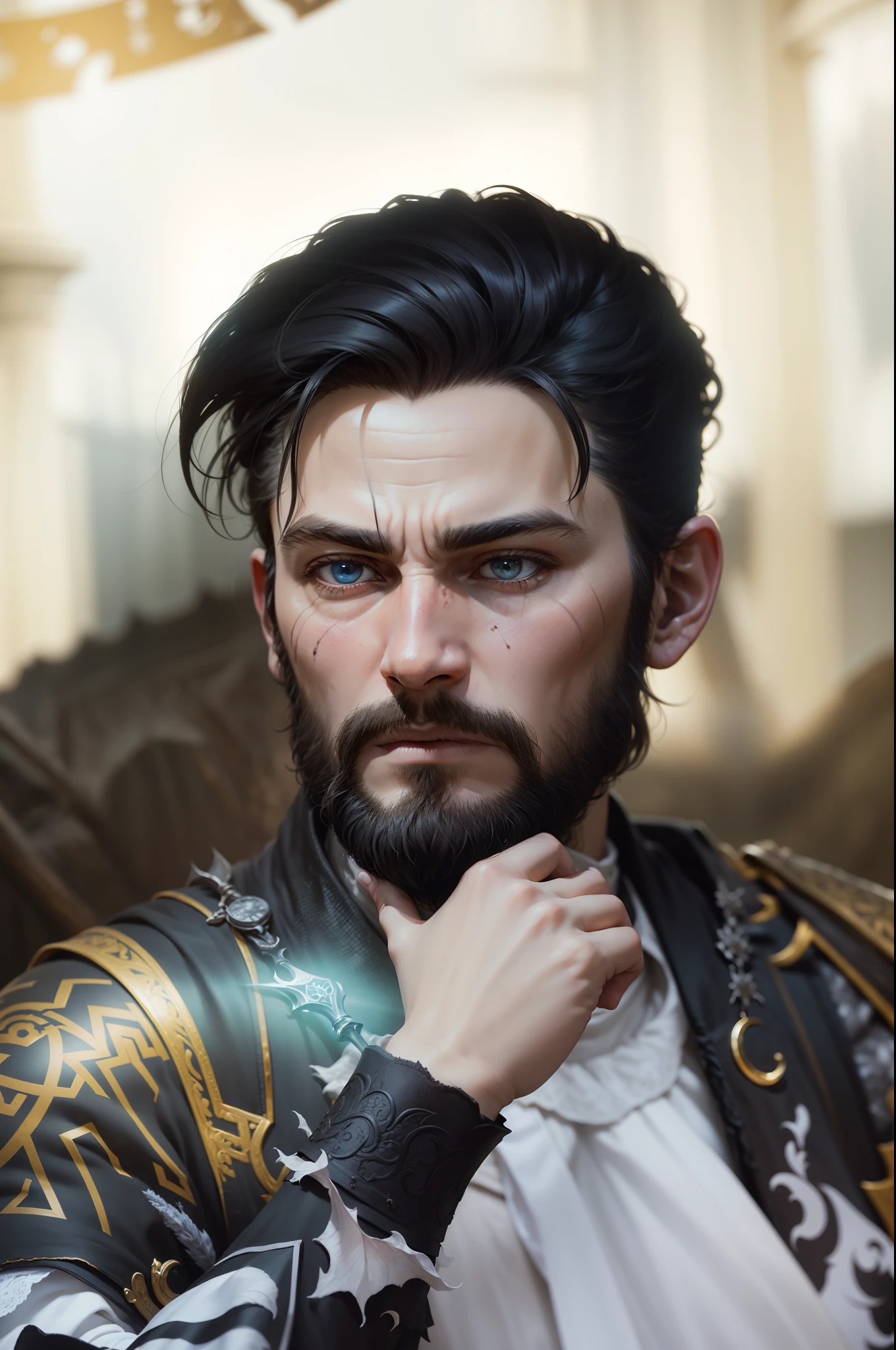 magic warrior ,elden ring, dark arts, Bloodborne, mini frosh perspective, sharp lense, professional photographie, 70mm lense, detail love, good quality, unreal engine 5, wallpaper, colerful, highly detailed, 8k, soft light, fantasy, photo realistic, beard, young boy