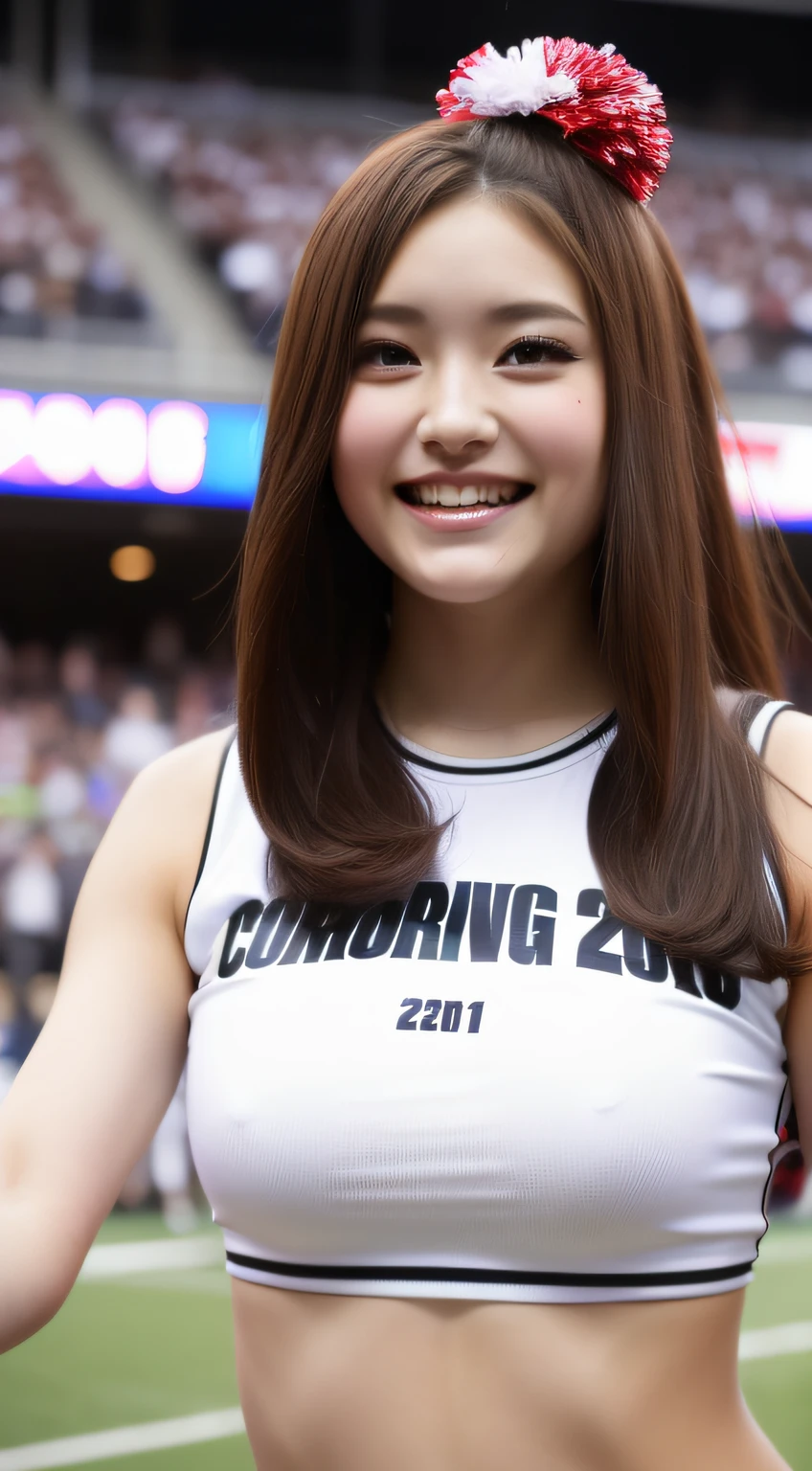 Cheerleader cheering on athletes at sporting events、Have a pom pom、Longhaire、(masterpiece、top-quality) 、absolutely outstanding image, very extremely beautiful、masterpiece, top-quality,a picture, kawaii、(Colossal tits:1.2)、((20 year old woman:1.ung adorable Japan face,8k,japanaese girl、realisitic