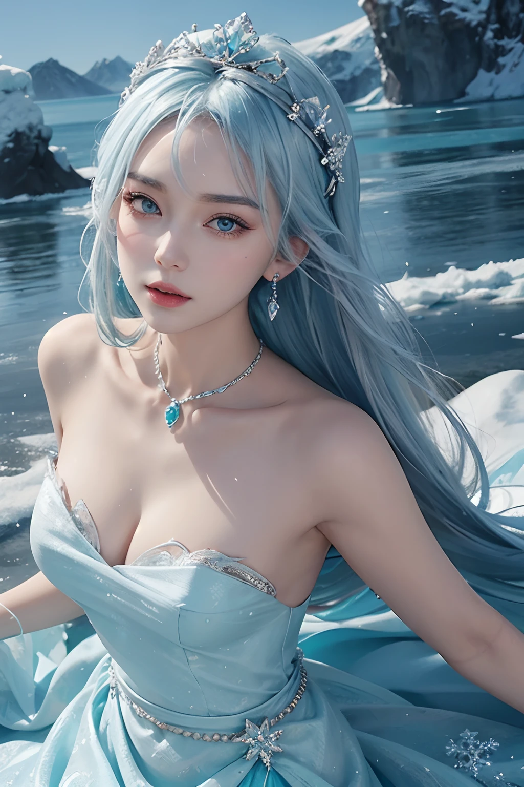 The Iceberg Queen is a tall figure、Beautiful looking women。She had ice blue hair,It's like winter ice,Exudes a mysterious and cold aura。Her hair is soft and smooth,As clear as ice and snow,Each one exudes a faint blue glow。Highly detailed face,Realistic and detailed skin,Perfect looks,Ice blue eyebrows and lips detailed perfectly。
The Queen's face is graceful,The eyebrows are curved like the moon,Lips slightly pursed,Exudes a touch of pride and confidence。Her melon-like face was as white as snow,Soft and smooth,It's like a meticulously crafted work of art。Her eyes were deep and clear,It's like a pool of turquoise water,It reveals wisdom and determination。
The Queen of Icebergs wears a gorgeous and elegant long dress,The skirt is made of royal blue chiffon,Light and flowy。The skirt features a delicate pleated design,Like falling snowflakes,It was as if a fascinating landscape had formed behind her。
Her body is encrusted with a series of delicate silver jewelry,Exudes an icy glow,Goes well with her ice-blue hair。The queen wears a diamond ring with a shimmering blue light on her finger,Make her more noble and elegant。
The environment in which the Iceberg Queen is located seems to be a perfect portrayal of the world of ice and snow。It is surrounded by rolling glaciers and towering snow-capped mountains,The sun shines on the snow,The whole environment is filled with a bright light。The cold breeze blows lightly,Bring a touch of coolness,But this does not weaken the majesty and temperament of the queen in the slightest。
generally,Iceberg Queen with her ice blue hair、Noble and elegant appearance、Gorgeous makeup and clothing,and the purity and mystery of the ice and snow world that surrounds her,It is impossible to ignore her existence。