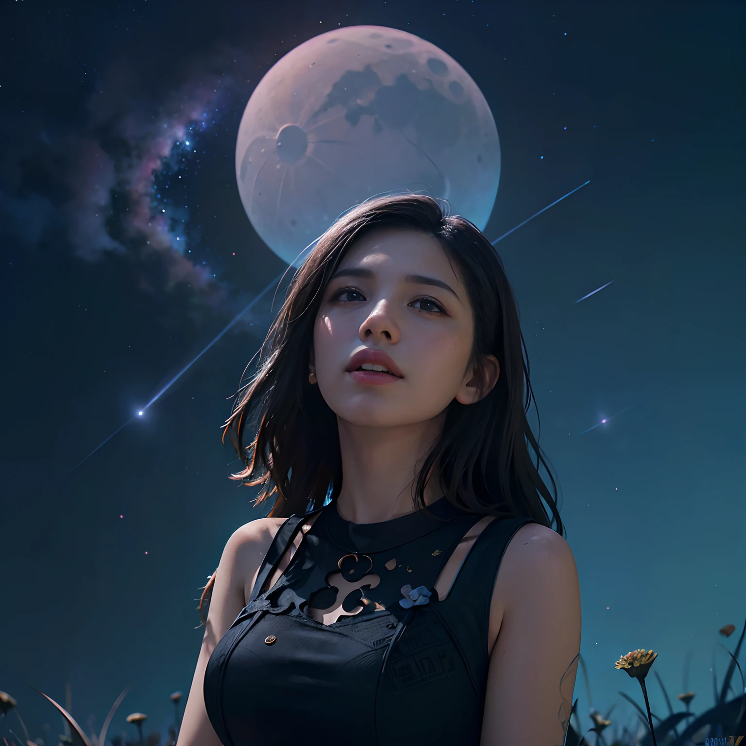 (Absurd, Cinematic, nffsw, Haute, ultra-detailliert, ultra-detailliert), Woman looking up at the sky, upper body closeup, Dark purple sky, Nebulae in the sky, The Last Five in the Sky, Big moon in the sky, shooting stars, Dandelion field, mont, Oil Painting, Detailed dandelion field, Detailed sky, Sunset, unreal engine 4k wallpaper