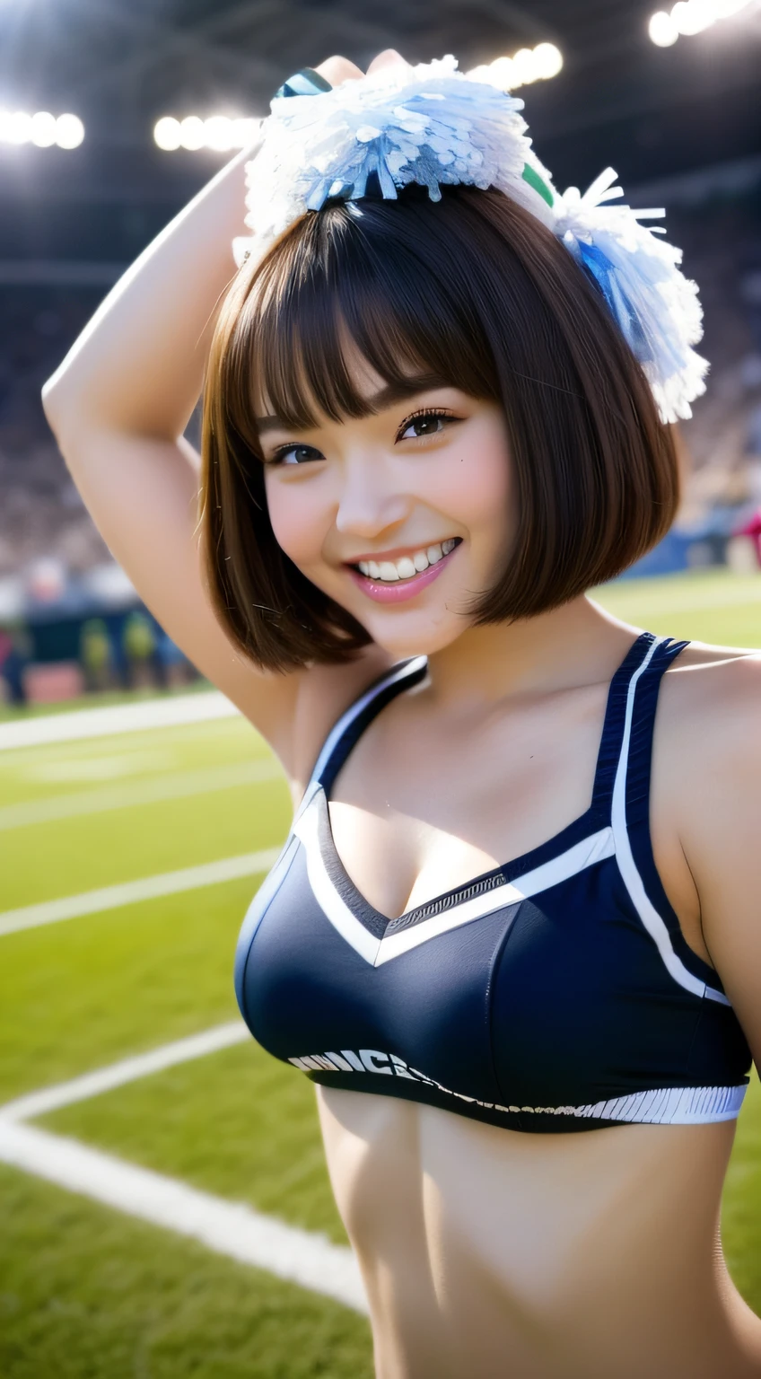 Cheerleader cheering on athletes at sporting events、Have a pom pom、short-hair、(masterpiece、top-quality) 、absolutely outstanding image, very extremely beautiful、masterpiece, top-quality,a picture, kawaii、(Colossal tits:1.2)、((20 year old woman:1.ung adorable Japan face,8k,japanaese girl、realisitic