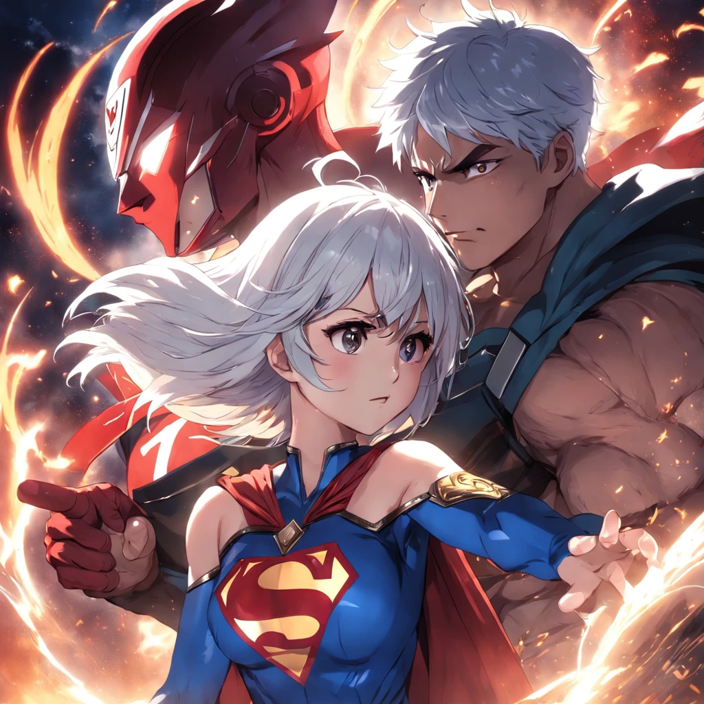 A combination of Kamen Rider and Superman fights a beautiful girl with white hair