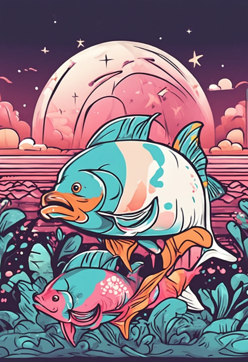 Cute stickers, Fish with long fins of pink color, simple drawing, white backgrounid, Sticker drawings for children from 3 to 6 ,