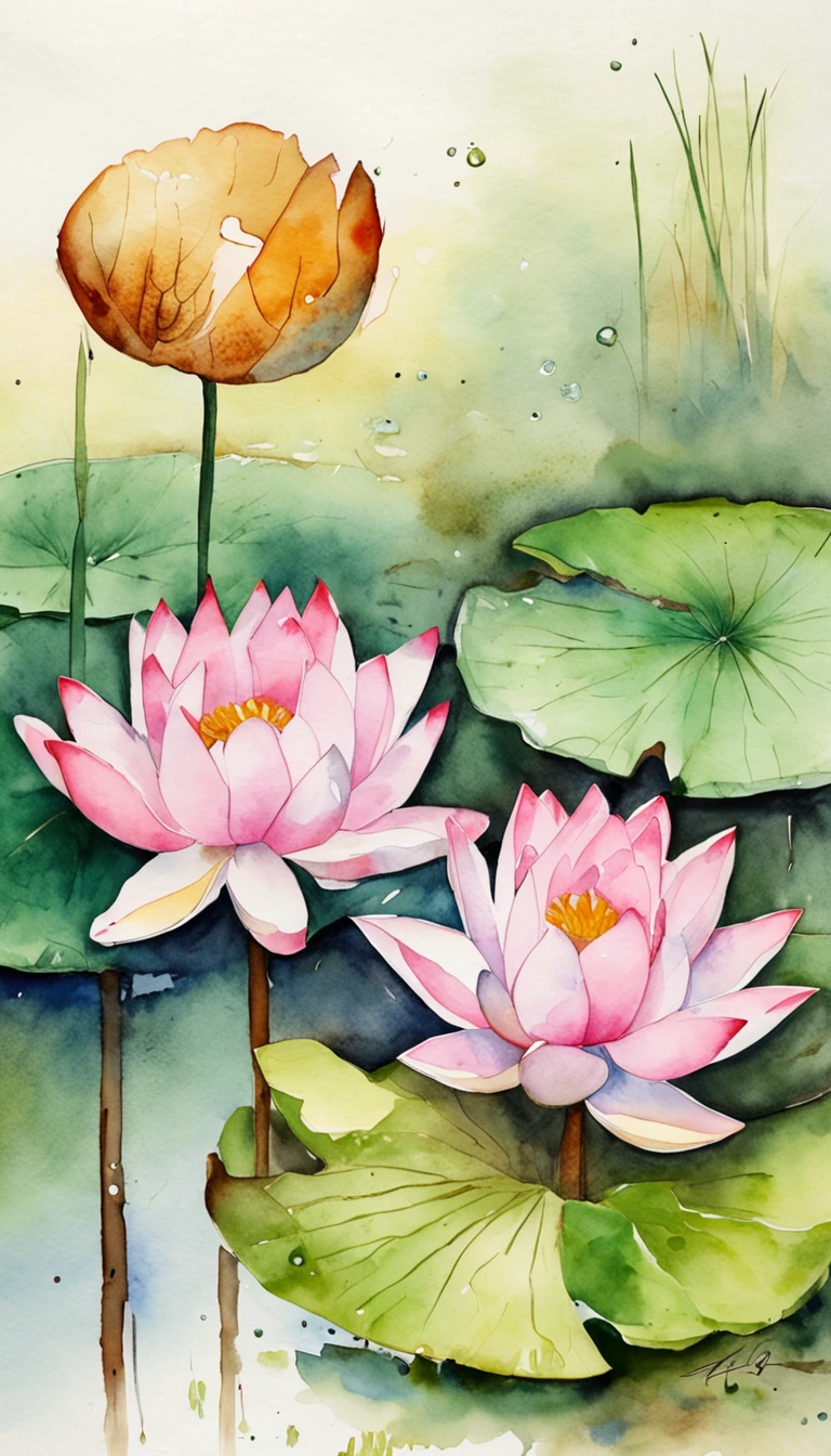 ponds，Dew on lotus leaves，There is a road next to it，Meticulous，Smudge，low-saturation，Low contrast，Beautifully depicted，Works of masters，tmasterpiece