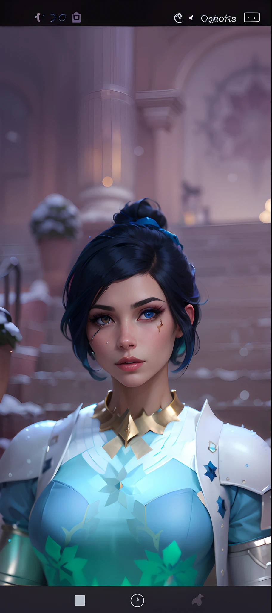 a close up of a person in a blue dress with a blue hair, short blue haired woman, ingame image, cattie - brie of mithril hall, brigitte, avatar image, zenra taliyah, inspired by Adélaïde Victoire Hall, taliyah, pharah, alluring mesmer woman, ethereal vaporous tan skin, icey snow background, snow, ice, hd, high quality, masterpiece, snow background beautiful snow, ice, 4k, bloom, clean smooth skin with a sword slash scar under her eye, heterochromia