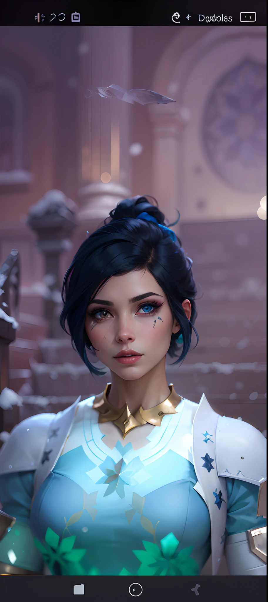 a close up of a person in a blue dress with a blue hair, short blue haired woman, ingame image, cattie - brie of mithril hall, brigitte, avatar image, zenra taliyah, inspired by Adélaïde Victoire Hall, taliyah, pharah, alluring mesmer woman, ethereal vaporous tan skin, icey snow background, snow, ice, hd, high quality, masterpiece, snow background beautiful snow, ice, 4k, bloom, clean smooth skin with a sword slash scar under her eye, heterochromia