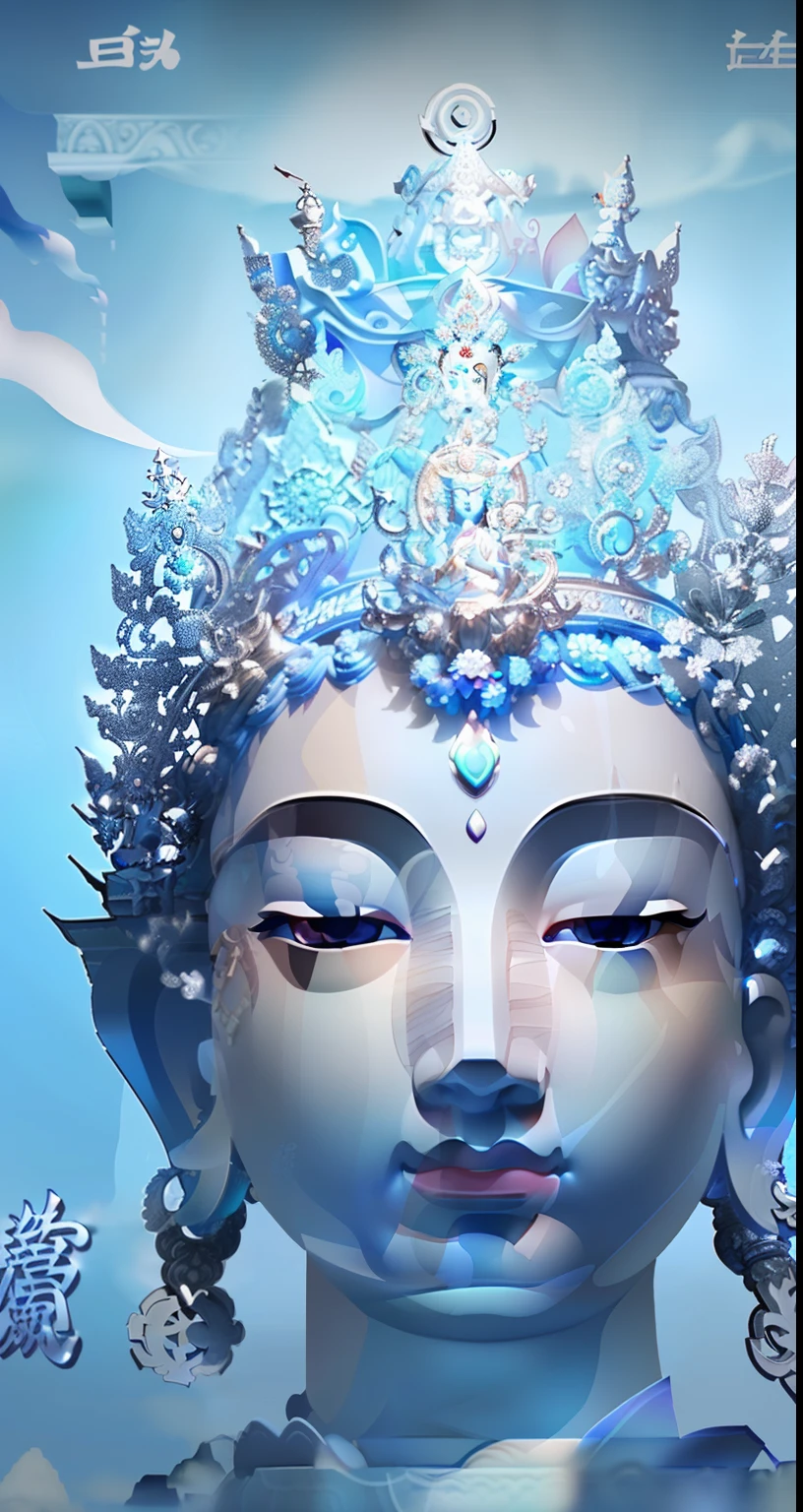 There is a statue of a woman wearing a headdress and a blue background, of gods, white-haired god, Guanyin, guanyin of the southern seas, a still of an ethereal, unreal engine rendered + A goddess, cinematic goddess close shot, extremely detailed goddess shot, intricate ornate anime cgi style, floating in a powerful zen state