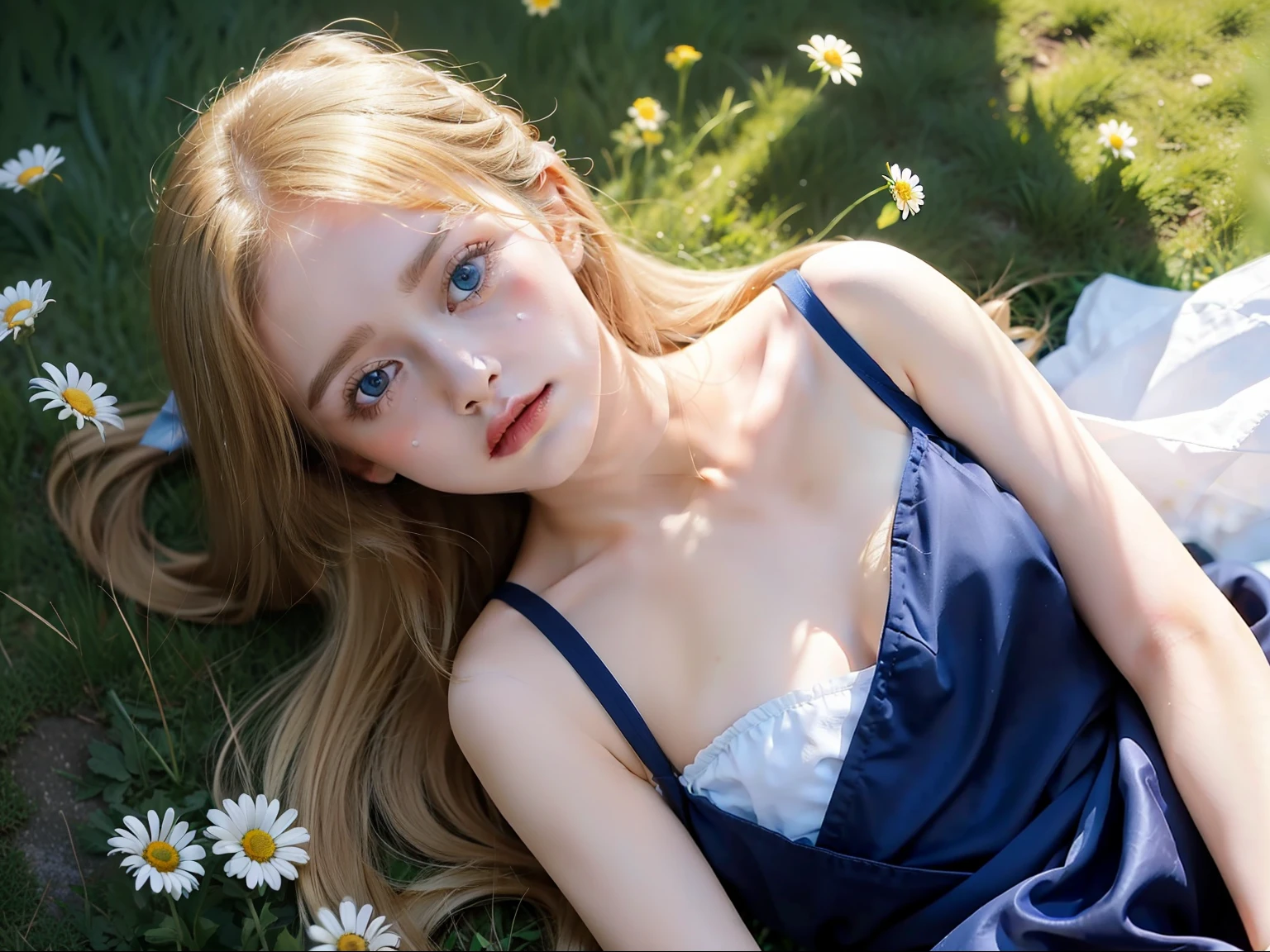She has big blue eyes,She is innocent and cute,But there were always tears in his eyes,The expression was melancholy。Her long, silky blonde hair shone in the sunlight,He also wears a red bow on the back of his head。She sat on the grass,Loosely holding a small bouquet of daisies
