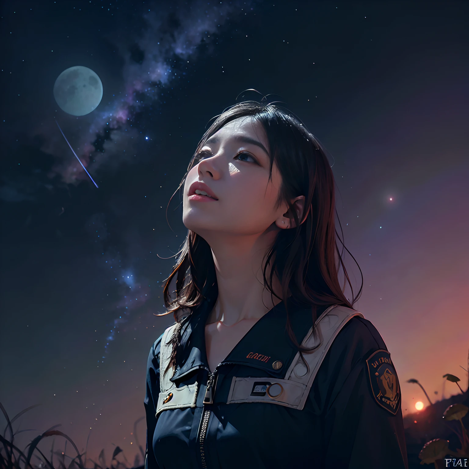 (Absurd, Cinematic, nffsw, Haute, ultra-detailliert, ultra-detailliert), Woman looking up at the sky, upper body closeup, Dark purple sky, Nebulae in the sky, The Last Five in the Sky, Big moon in the sky, shooting stars, Dandelion field, mont, Oil Painting, Detailed dandelion field, Detailed sky, Sunset, unreal engine 4k wallpaper