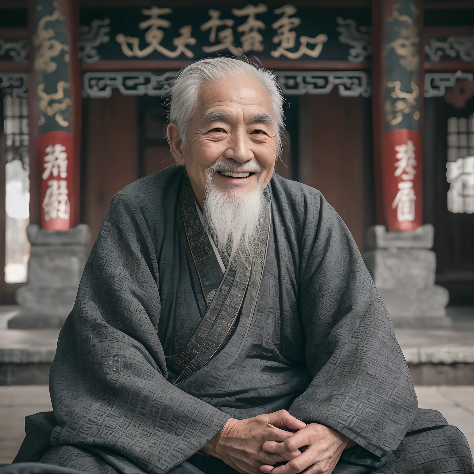 A gray-haired old man, Dressed in gray ancient Chinese clothing, Smiling, 80 years old,Middle of the lens,Little white beard,Ancient,
Indoors, Chinese Taoist Temple, Ancient chinese temple,sitting cross-legged,Ancient Chinese architecture,
Medium shot, Best quality,photographed,