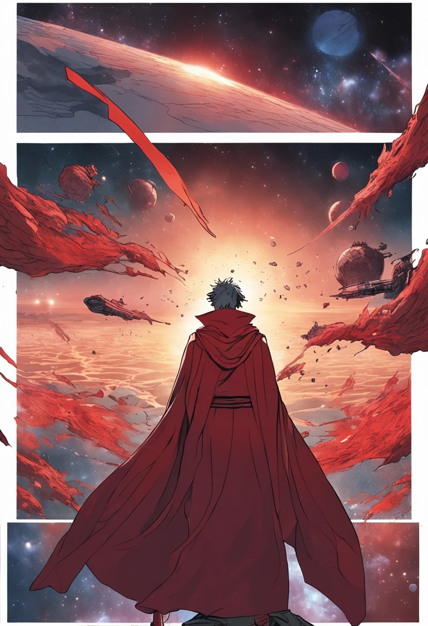 Take the second sheet as a basis, Anime Man in red robe standing in front of the planet, emperor of the known universe, Makoto Shinkai. rendering by octane, akira cgi movie stills, god emperor, the god emperor of mankind, rulers of the world, inspired by Chen Jiru, Dune God Emperor, the emperor, dr strange, Emperor, concept art artwork masterpiece, Doctor Strange, Background fix, Repair a divided planet, The original filter is not changed, Do not change the image of the original figure