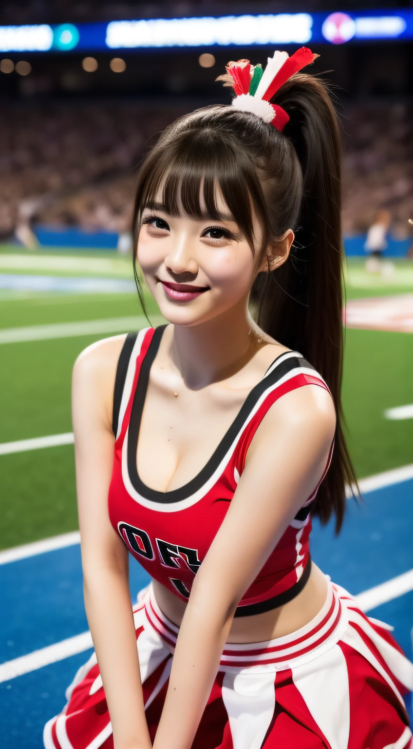 (8K、Highest quality、masterpiece:1.2)、(Realistic、Realistic:1.37)、Sleeveless、Red ribbon、mini skirt、Random hairstyle、Very detailed、Ultra-high resolution、1 Girl、Cheerleader、Beautifully detailed face、Laughter、narrow、(Slim waist) :1.3)、Beautiful and detailed skin、Skin Texture、Floating Hair、Professional Lighting、Human whole body、smile、27 years old、Baby Face、っぽいsmile、Sappin&#39;&#39;&#39;&#39;&#39;&#39;&#39;&#39;、Moisturizing lips、Pale pink lips、Upper body naked、Lace green underwear、Micro size underwear、Umbilical cord prolapse、D cup breasts、Cleavage、Panty shot