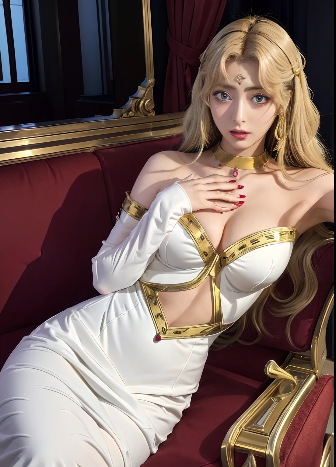 codeGeass、codeGeass_Shamna、blondehair、Raise your bangs and decorate、White Straight Dress、Open chest, 1girll, 独奏, Anime coloring, parody,