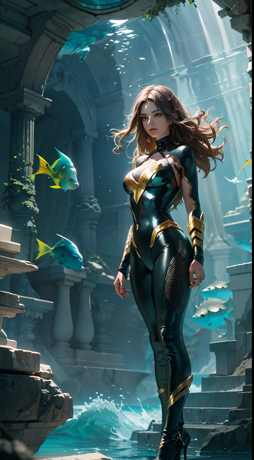 In the deep sea of Atlantis,A thriving underwater world,Undersea castle,(realisticlying:1.2),(hentail realism),(tmasterpiece:1.2),(best qualtiy),(Hyper-detailing),(8K,4K,复杂),(full body shot shot:1),(85mm),Particle light,illuminating,(high detal:1.2),(Detailed face:1.2),largeeyes,beautiful goddess woman,putting makeup on,s the perfect face,Perfect lighting,1girll,DC Super Hero Movie,Participated in movies《Kaio》A corner,Female Aquaman,Brown hair,long whitr hair,Bushy hair,floated hair,Kaio,Kaio,Arthur Curry,stormy sea,Big waves,High winds and waves,Death glow,Serious look, tight leather clothes,Sexy tights,Openwork onesies,high-heels,Thin waist and thick hips,upper legs,Faust,huge boob,Fish scale costume,(Glowing skin),Glowing skin,Yellow aura of power,green pupills,Gravel background,Broken ground,(finelydetailedskin:1.3),(nice hand),Detailed hands,detailed back ground, perfect eyes, Seductive eye, looking at viewert, From the front,cinematric light,edge lit,超高分辨率,Best shadow,delicated,octanerender,unreal-engine,Travel through the underwater world,swim pose,Surrounding wave effect,