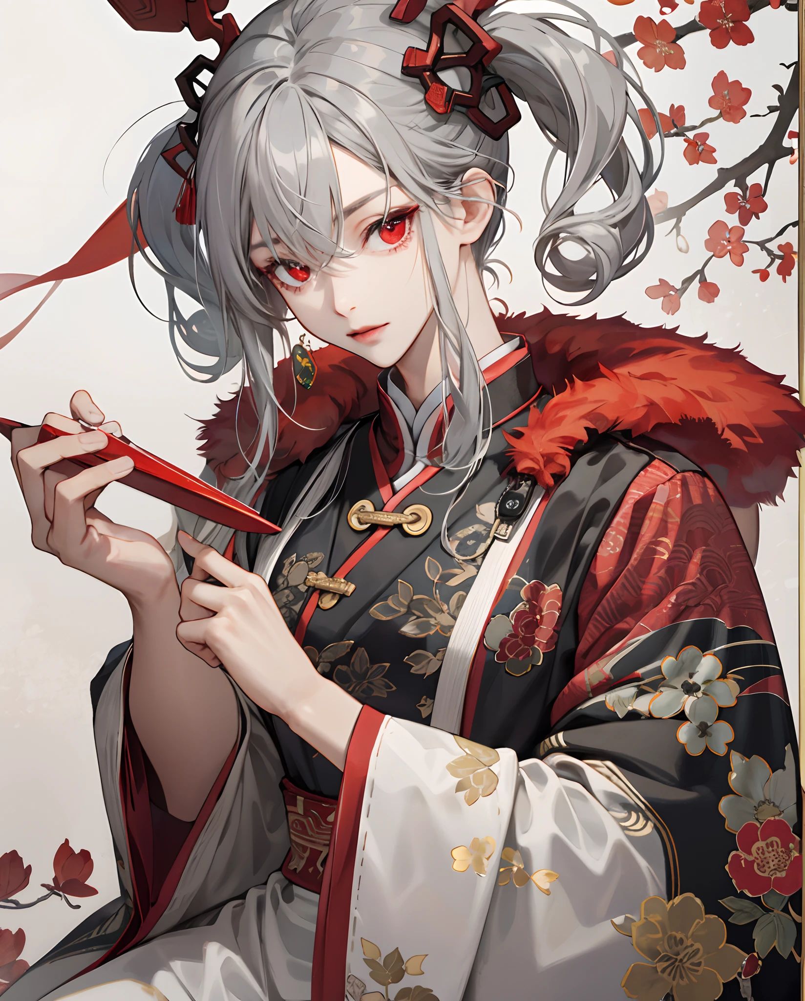Gray hair and red eyes
Skin exposure57%
chinoiserie
Costume
