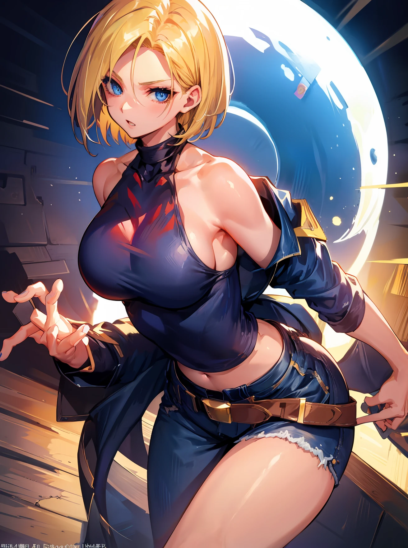 android 18, blue eyes, blonde hair, short hair, denim jacket, black shirt, large breasts