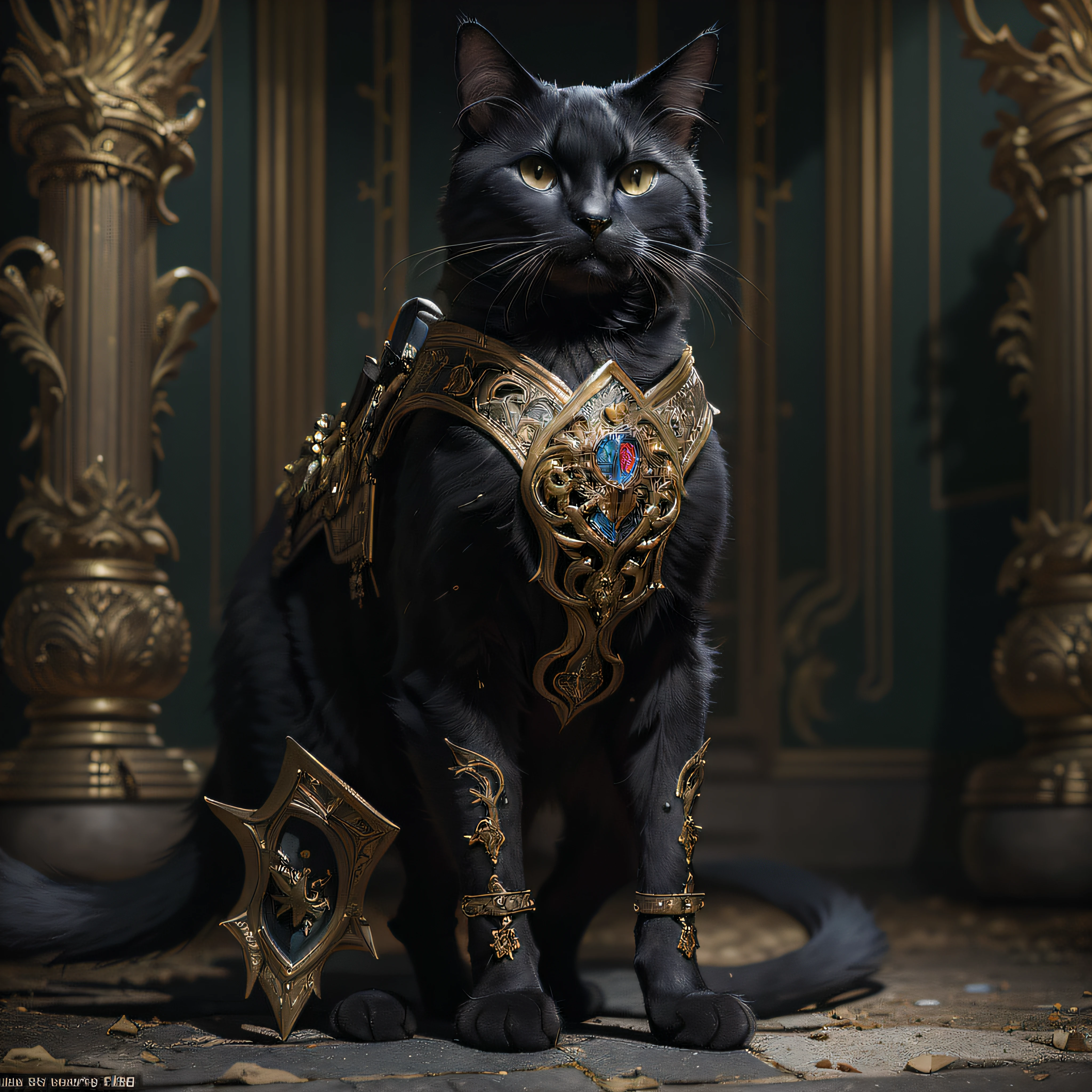 An Aravi cat in armor and gold sits on the floor, Gorgeous Role Play, the dark god of cats, the golden cat armor knight, elegant cat, alexey egorov, awarded on cgsociety, (rendering by octane) Fantasy style, armored cat, intricate wlop, Cat Warrior, 4 K detail fantasy, tuomas korpi and wlop