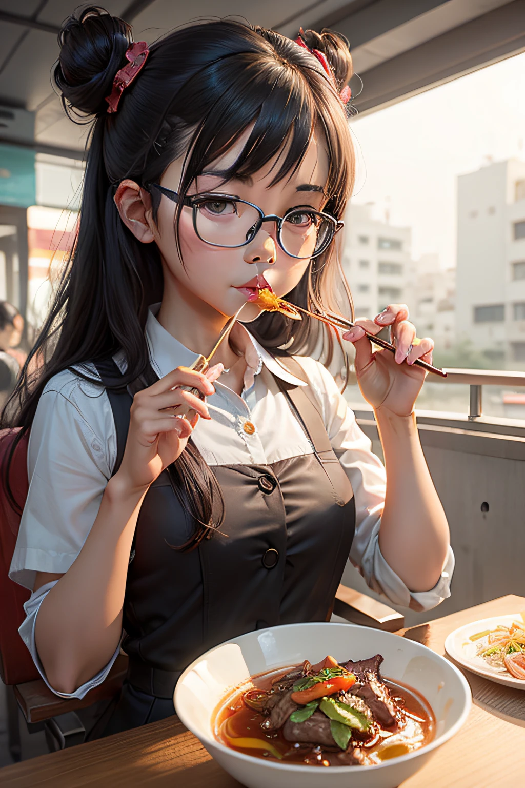 Vietnamese glasses girl eating Bun beef hue, spicy beef nooodle