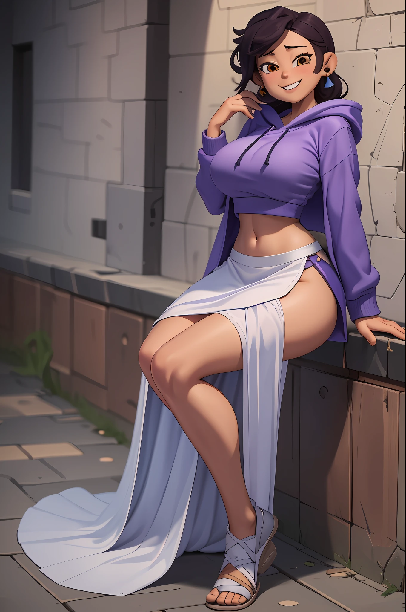 1girl, masterpiece, (detailed background), best quality, absurdres, looking at viewer, smiling, dakimakura,, purple hoody, midriff, white background, white loafers, thighs, kneesocks, luz noceda,, long dress, long skirt,huge breast, full body, flipflops