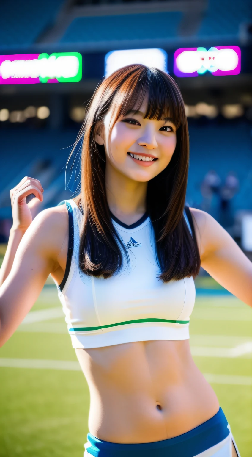 Cheerleader cheering on athletes at sporting events、⦅No logo⦆、Have a pom pom、Short Bob、(masterpiece、top-quality) 、absolutely outstanding image, very extremely beautiful、masterpiece, top-quality,a picture, kawaii、(Colossal tits:1.2)、((20 year old woman:1.ung adorable Japan face,8k,japanaese girl、realisitic