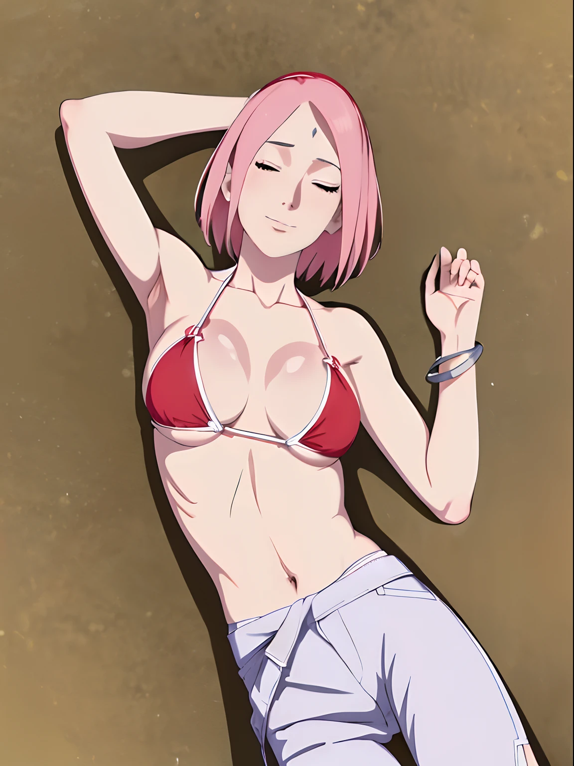 masterpiece, 4k, portrait, cowboy shot, professional artwork, hands horizontally extended, spread hands and legs, both hands up, both hands overhead, detailed beach background, intricate details, colorful, digital blending, (ultra detailed body, ultra detail hair, ultra detail face), trending on pixiv, kind smile, best quality, anime style: 1.9, 1girl, hires, haruno sakura, (forehead mark, milf, red hairband, pale skin, small breasts, short hair, ((bare neck, white(micro) bikini top, (bikini top only)), (red dress tied around waist), white pants), (navel, belly button, smooth body, slender belly, bracelet, pink hair, closed mouth, big eyes, closed eyes), smile, beach, wind, floating hair, detailed arms, off-shoulders, broad shoulders, (dirty armpits, armpit pocket), laying on ground, sleeping)