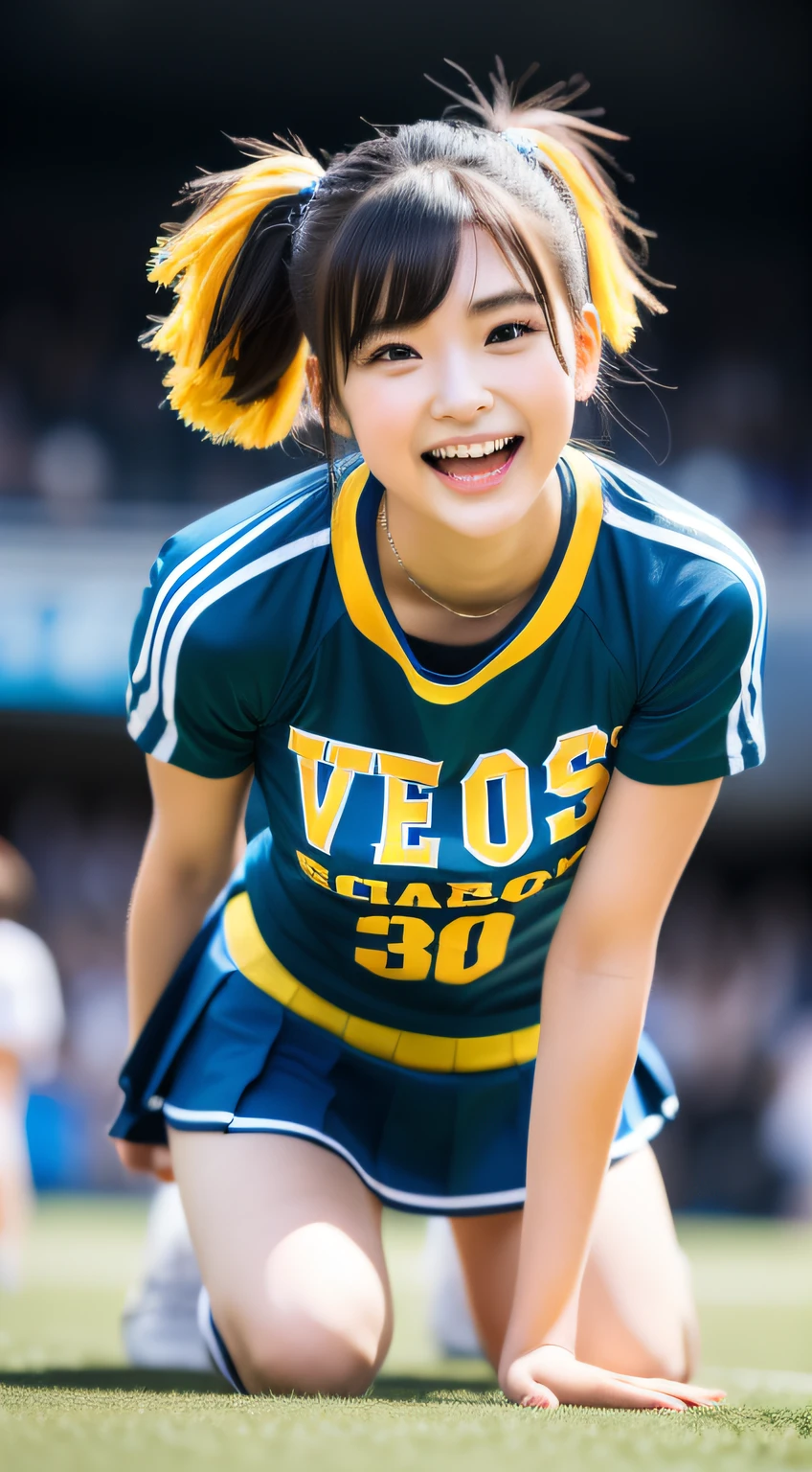 Cheerleader cheering on athletes at sporting events、｟No logo｠、Have a pom pom、Short Bob、(​masterpiece、top-quality) 、absolutely outstanding image, very extremely beautiful、​masterpiece, top-quality,a picture, kawaii、(Colossal tits:1.2)、((20 year old woman:1.2))、Young adorable Japan face,8k,japanaese girl、realisitic