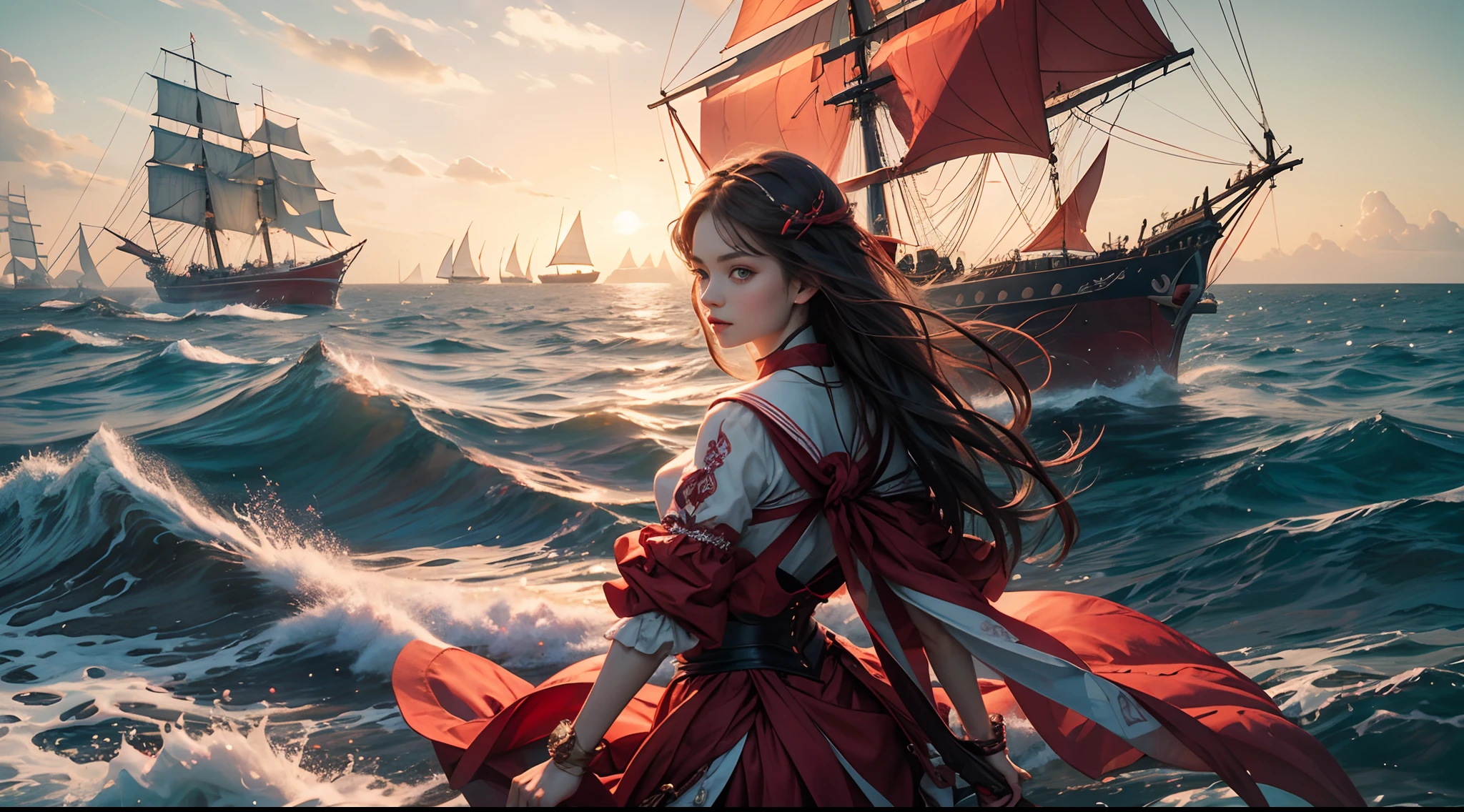 （tmasterpiece，hyper qualit，ultra - detailed）， scenecy， Young girls， Assol， Crimson sails， The girl looked at the sea from the shore， The camera looks at the sea， intricately details， Sailing ship with scarlet sails， A scene from Alexander Green's novel "Crimson Sails"，dynamicposes，glute