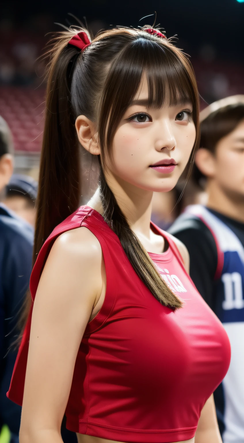 Cheerleader cheering on athletes at sporting events、⦅No logo⦆、Have a pom pom、poneyTail、(masterpiece、top-quality) 、absolutely outstanding image, very extremely beautiful、masterpiece, top-quality,a picture, kawaii、(Colossal tits:1.2)、((20 year old woman:1.ung adorable Japan face,8k,japanaese girl、realisitic