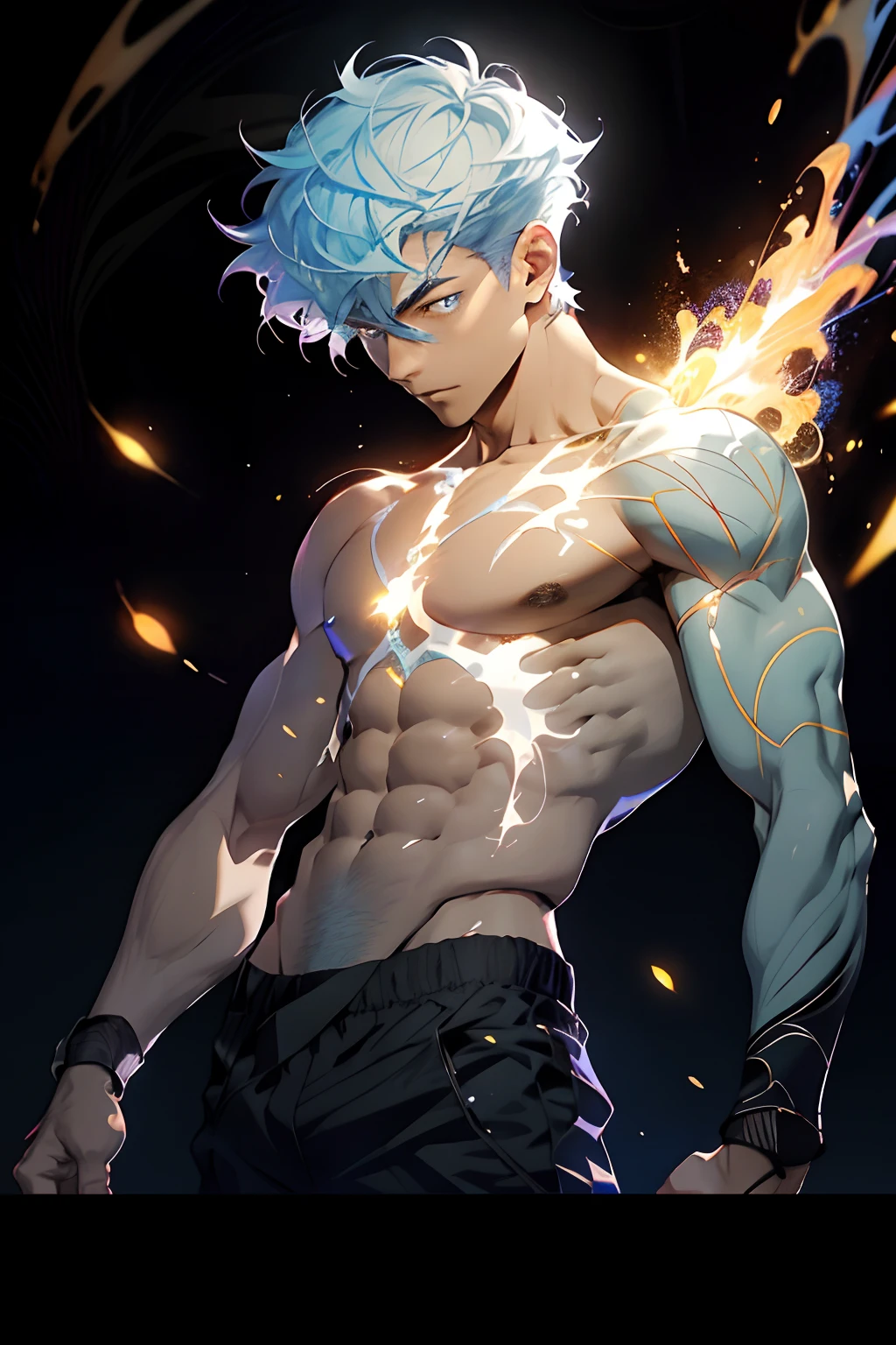 Get ready for a visual feast with the Zoro, glowing blue hair and tattoo, a being with a handsome face and piercing red eyes. In his transformed state, he radiates extreme instinct and power, making for an epic anime about this energy man. Watch as he controls fire and lava in stunning anime artwork that will leave you in awe. This concept art is straight out of the Bleach Universe, with a manga-style 8k wallpaper that will transport you to another dimension. Prepare to be amazed by this detailed digital anime art, showcasing the ultimate fusion of style and power.(absurderes, A high resolution, Ultra detailed, hdr), Masterpiece, Best quality, Portrait of a boy, Handsome boy with red eyes, Detailed face, Professional photo, The Alafed man is shirtless, Leaning comfortably，legs are open, (puffynipple(From below:1.1)), Focus on your audience,18 year old boy, Handsome boy, [ Firmly defined body ]，Burgundy shirt open，Abs，chest muscle，short white pants，large bulge，white shoe，On the street，