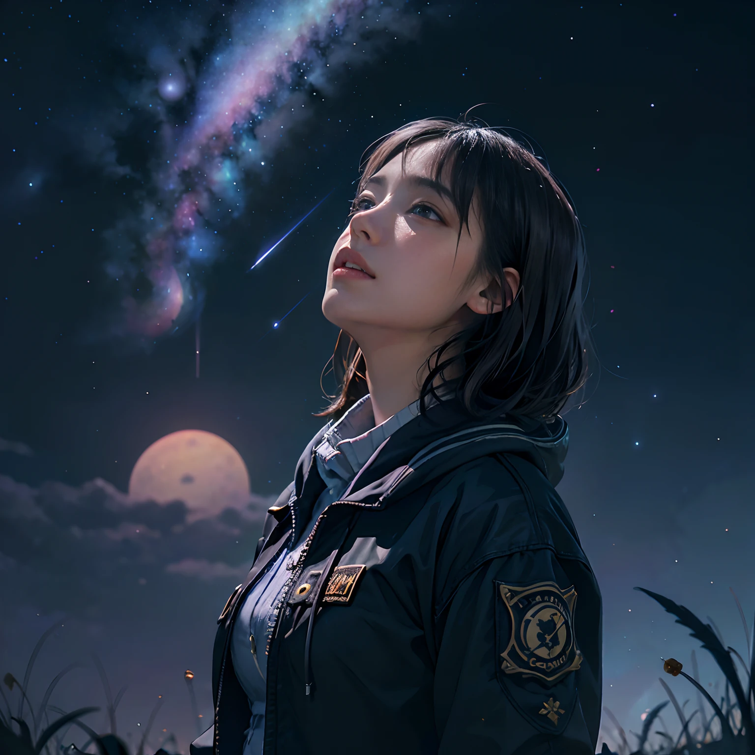 (Absurd, Cinematic, nffsw, Haute, ultra-detailliert, ultra-detailliert), Woman looking up at the sky, upper body closeup, Dark purple sky, Nebulae in the sky, The Last Five in the Sky, Big moon in the sky, shooting stars, Dandelion field, mont, Oil Painting, Detailed dandelion field, Detailed sky, Sunset, unreal engine 4k wallpaper