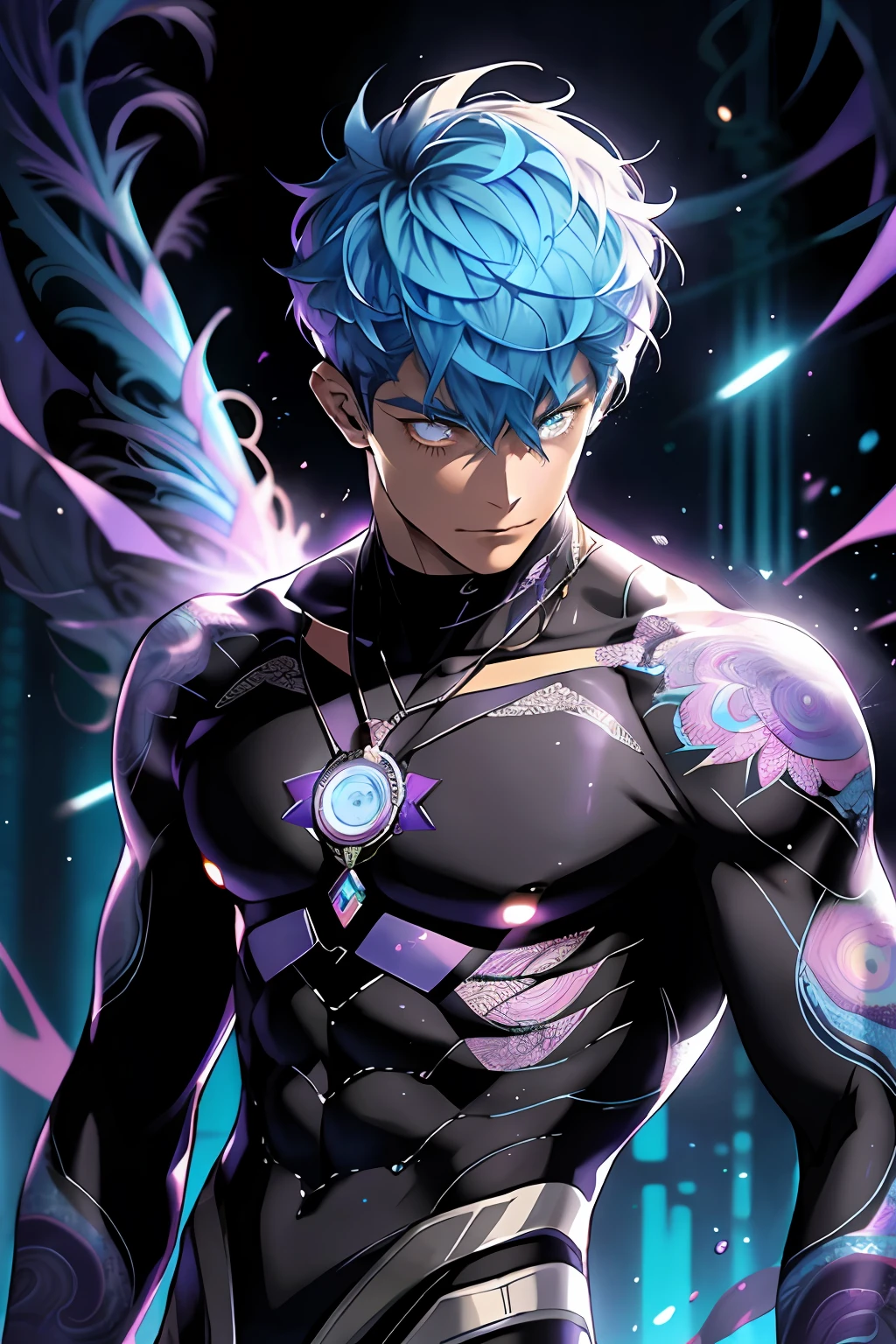 realisticlying，（tmasterpiece，top Quority，best qualtiy，offcial art，Beauty and aesthetics：1.2），The is very detailed，s fractal art，Colorful，Most detailed，zentangle，（abstract backgrounds：1.5）（1boy：1.3），Kamimei，lightblue hair，short detailed hair，（glowing light eyes），chest muscle，Abs，mistic，(magia)，Handsome man