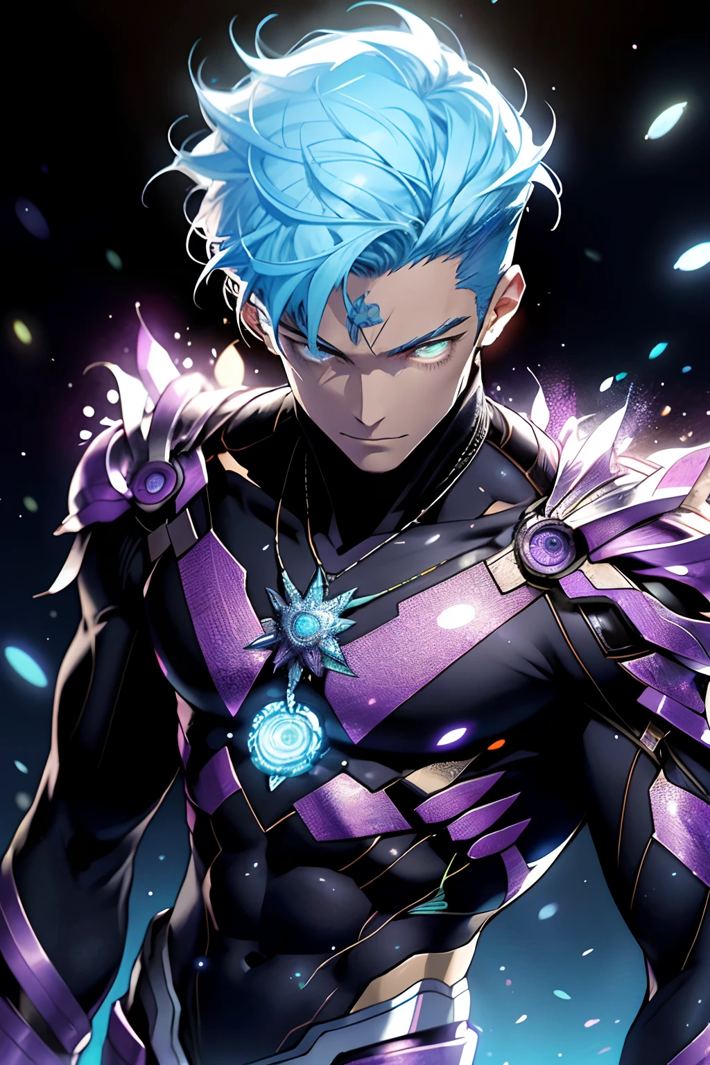 realisticlying，（tmasterpiece，top Quority，best qualtiy，offcial art，Beauty and aesthetics：1.2），The is very detailed，s fractal art，Colorful，Most detailed，zentangle，（abstract backgrounds：1.5）（1boy：1.3），Kamimei，lightblue hair，short detailed hair，（glowing light eyes），chest muscle，Abs，mistic，(magia)，Handsome man