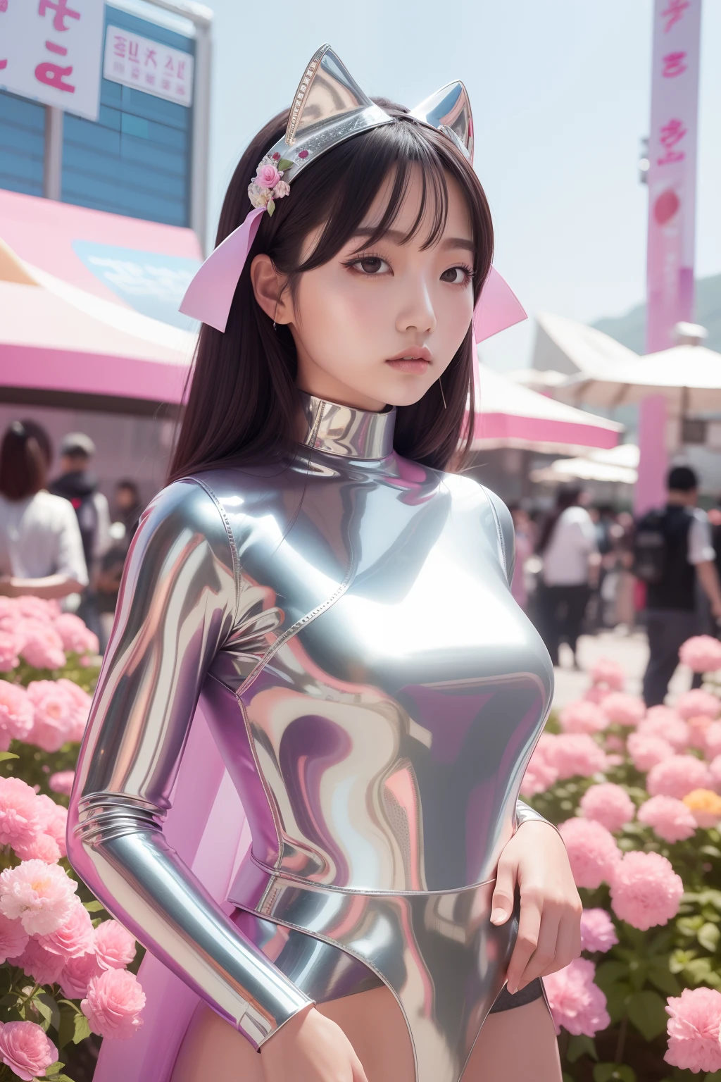 hyper realisitc,Bust scene,Fine art film style,Wear a futuristic silver metal outfit,A very beautiful Korean female idol,Hong Kong-style amusement park in the 1990s,Many exploding flowers and streamers,SMA Pentax 75mm F2.8al,Super realistic