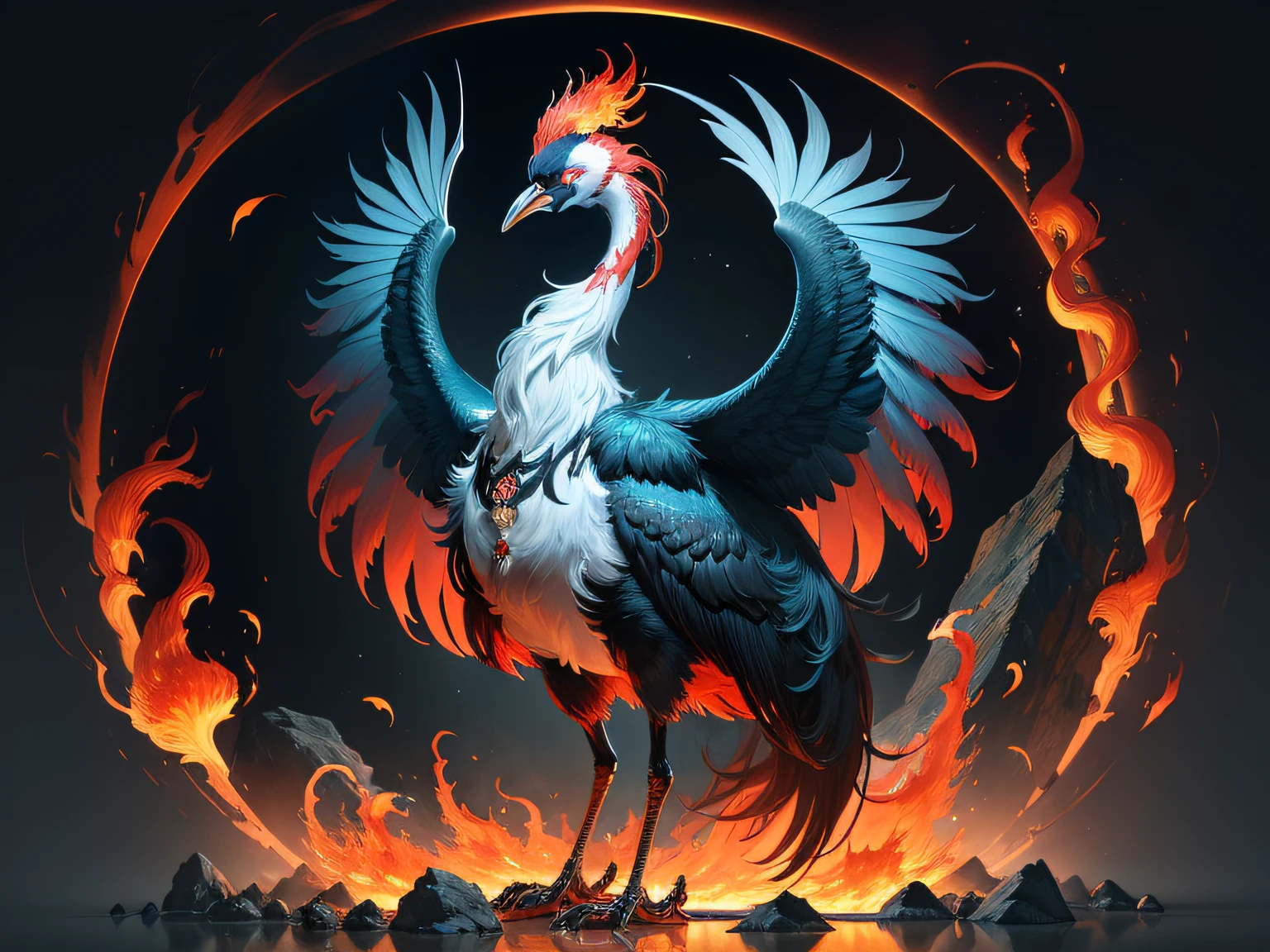 A high resolution,rich background,From Chinese mythology,Chinese mythical creatures,From the Classic of Mountains and Seas,A one-legged red-crowned crane is surrounded by flames,The feathers on the back are cyan,The feathers on the abdomen are red,The mouth is white