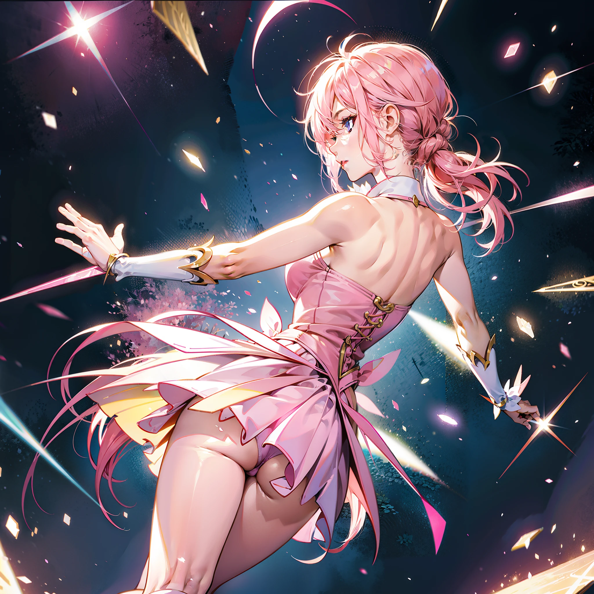 Pink hair,lassen,quadratic element,Cocked buttocks,On your stomach,Open legs,back to look back,magical girl,Indecent expressions