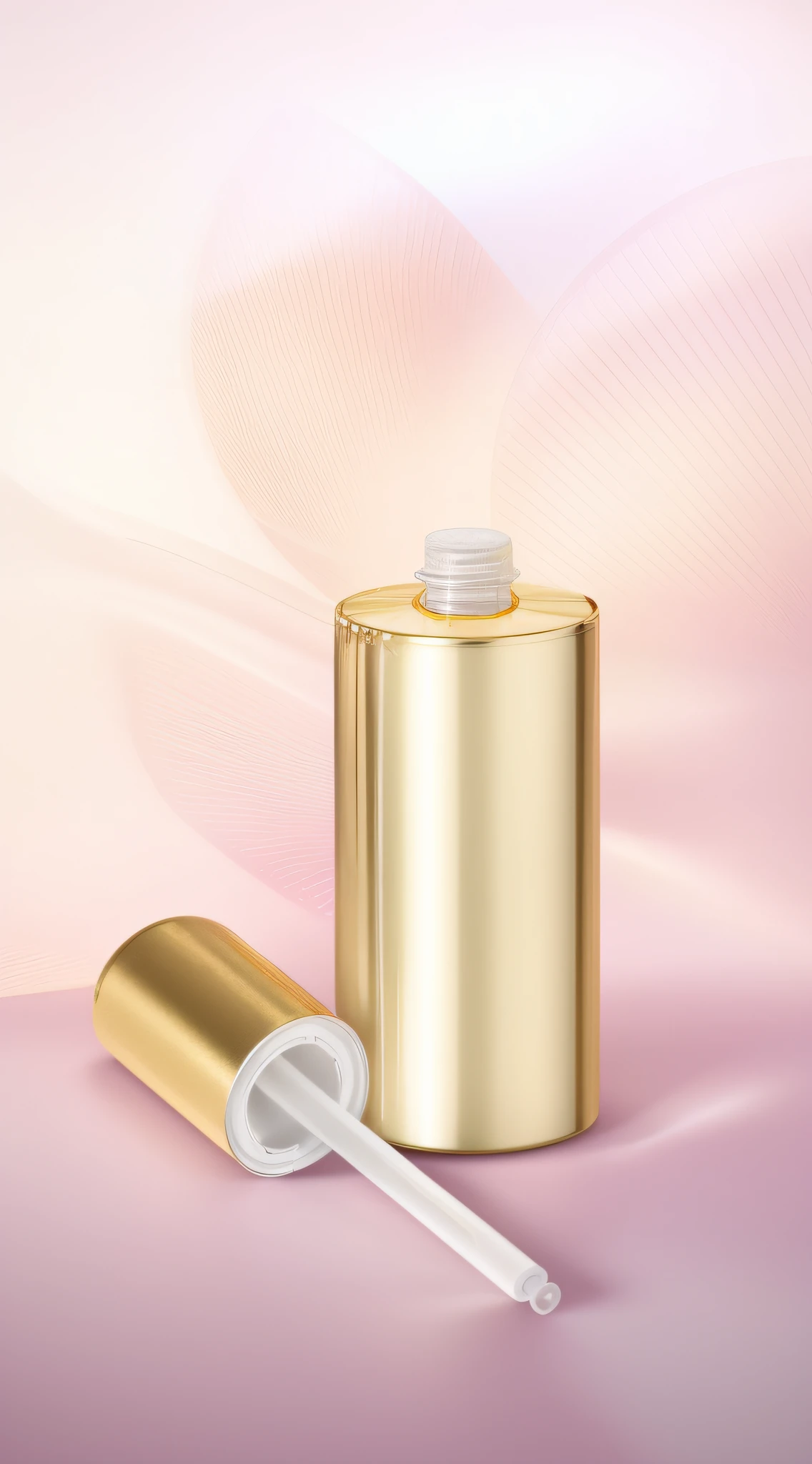 There is a bottle of liquid with a white cap and a white tube, smooth golden skin, Femme, Gorgeous, author:Anna Fossley, Pearlescent skin, Inspiration, golden hues, high quality topical render, liquid gold, delicate detailing golden stroke, gold, highly detailed, High quality details, author:Zofia Strijanska, vintage glow