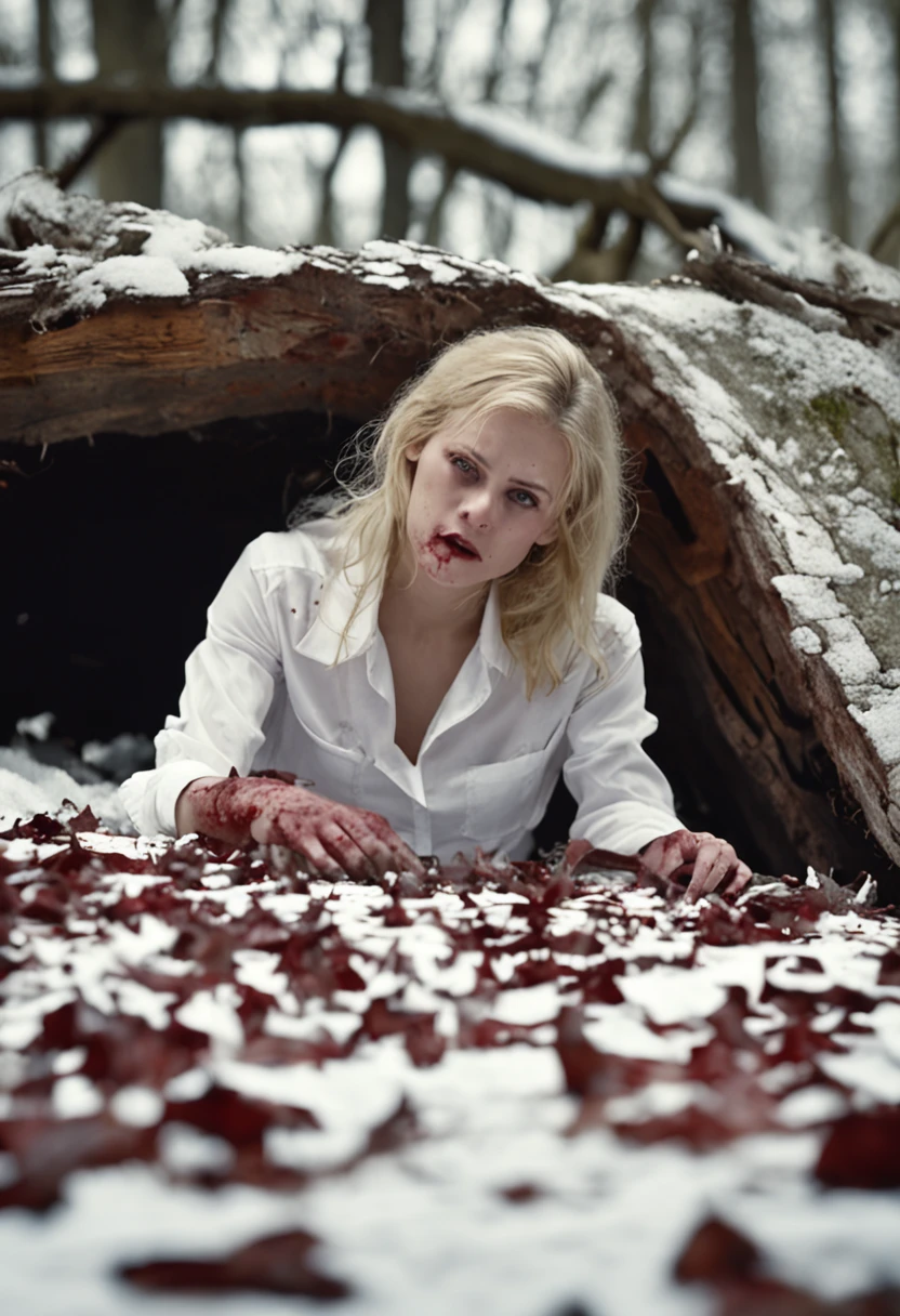 medium shot, cinematic, perfect centered, female blonde polish student, torn white shirt, black skirt, she is on the ground, sit, shame, desperate, wood, blood on her face and shirt, shame, desperation, desolation, snow, woods, night, winter, the shirt has some blood stains over, medium shot, low light, drama,, film movie shot, 35mm, dreamy, perfect face, perfect eyes, perfect hands