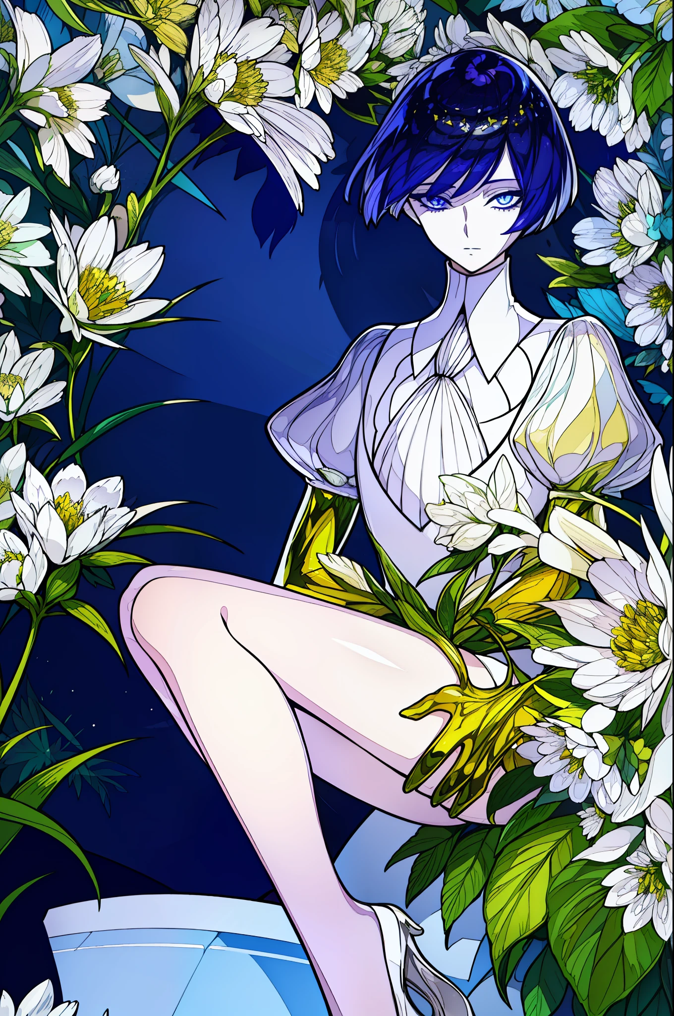 phosphophyllite, melting golden arms, crystal hair, heterochromia, blue eyes, white eyes, colored eyelashes, gem uniform, necktie, puffy short sleeves, shorts, looking at camera, flowers in background, flowers in foreground, illustration, promotional art, flower in hair