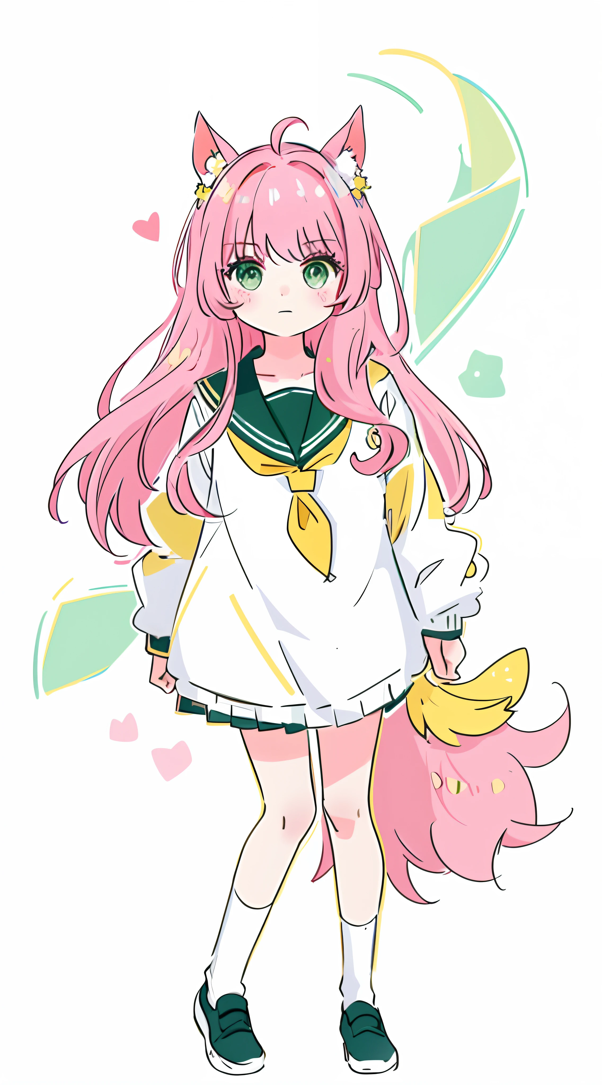 A pink-haired,dual horsetail,cat ear,,Than heart,teens girl,laughingly,Green eyes