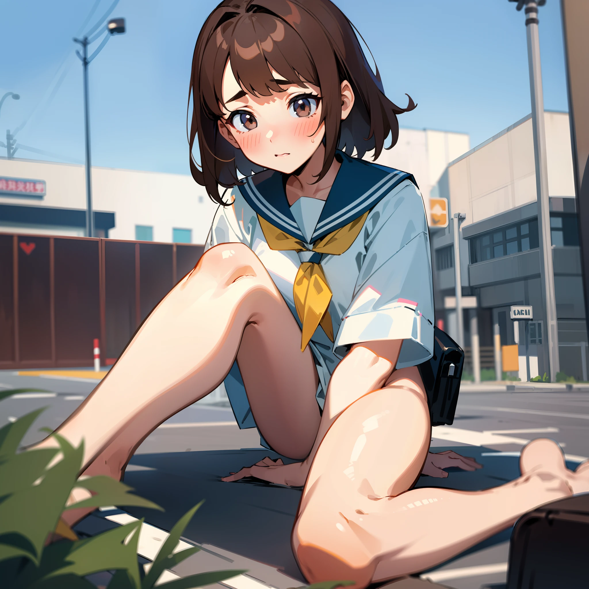 schoolgirl, Brown hair, Medium hair, Sailor suit, (Naked:1.1),  (Blushing:1.0), Detailed face, Roadside, POV crouching，Expose the inside of your legs，Spread your legs