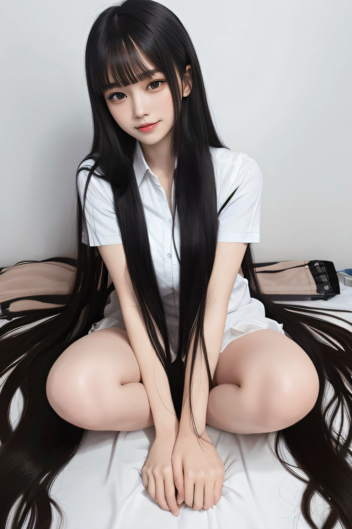 1girl in, (blush)+, lightsmile, School uniform, Short sleeves, Narrowed eyes, (upward-eyed)1.1, Backlight, Bokeh, (the see-through white shirt), bowtie, (Large breasts), (crass room)And(chair sitting sitting), Spread legs, plaid skirts, White panties, a blond,a beauty girl, blush, Seductive smile,Insane details and very detailed, Huge lower eyelid. masutepiece, of the highest quality, Ultra high definition, max resolution, Very detailed, Clean skin,detailed long black hair, with long black hair, long thin black hair, cabelos preto e longos, Dark long hair,
(((blunt_Bangs,Very long_hair, absurdly_long_hair:1.0)))