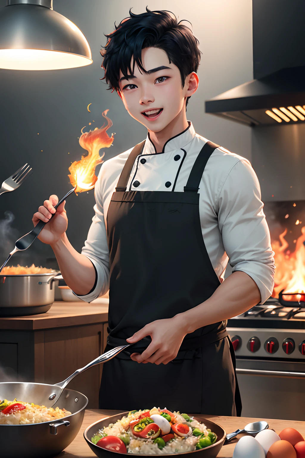 Outstanding, the highest quality, perfect details, a boy, short black hair, blue eyes, excited
expression, standing, cooking Fried Rice, burning flame, chef, background kitchen, frying pan,
male focus, eggs, tomatoes, super complex details,
Ultra HD, Ultra Fine,Ray Tracing 8K,