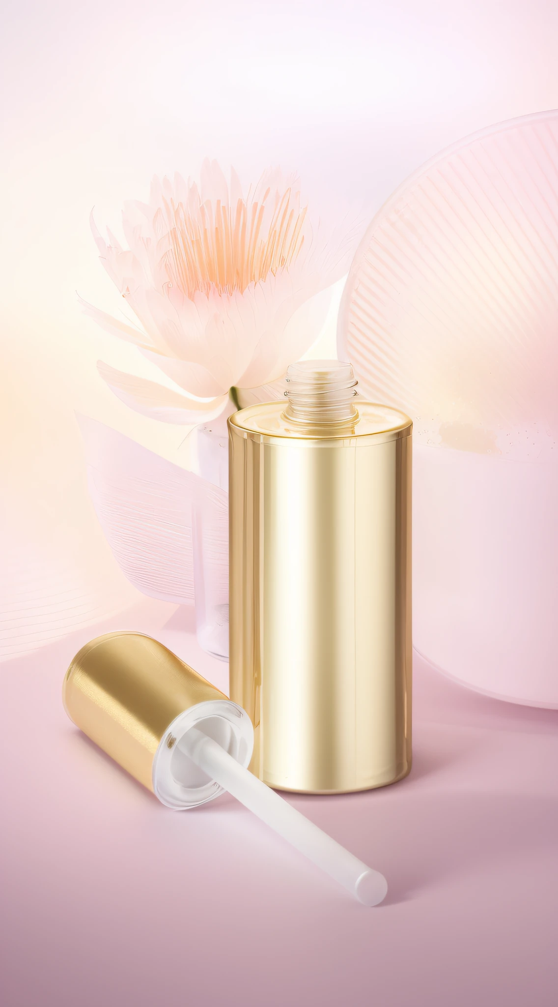 There is a bottle of liquid with a white cap and a white tube, smooth golden skin, Femme, Gorgeous, author:Anna Fossley, Pearlescent skin, Inspiration, golden hues, high quality topical render, liquid gold, delicate detailing golden stroke, gold, highly detailed, High quality details, author:Zofia Strijanska, vintage glow