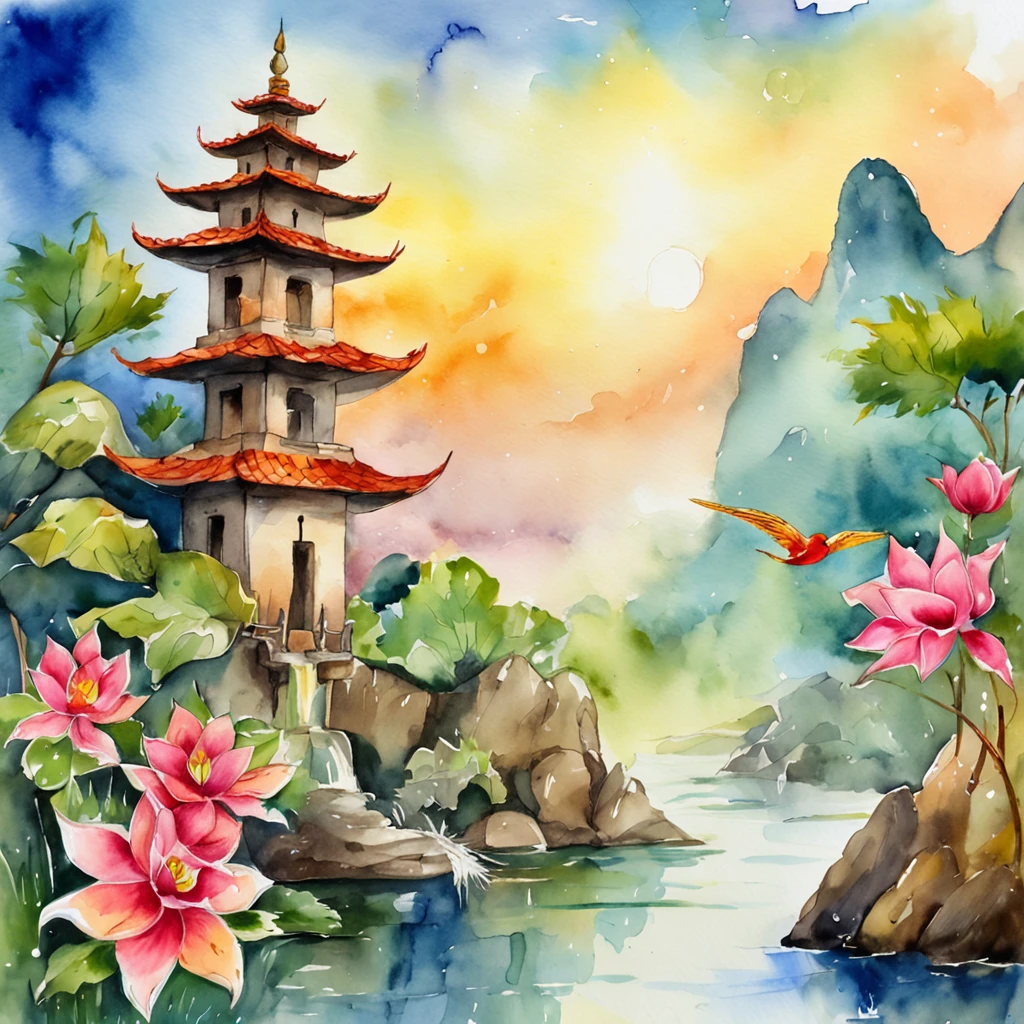 gautama buddha child in lotus, halo, vietnam pagoda, heaven, colorfull background, Highest image quality, ultra HD, Close-up, good smell, colorfull bird, fire, water, candle, painted in bright water colors,  Colorful illustrations, aquarelle((masterpiece))), illustration