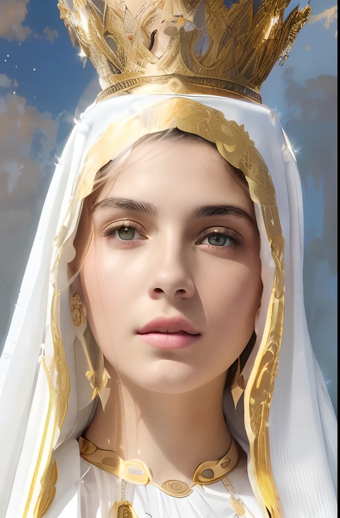 (((Saint Virgin Mary. 19 years old))) ((( Con una cara seria y piadosa. Con una mirada dulce y tierna))) (obra maestra, calidad superior, mejor calidad, arte oficial, beautiful and aesthetic: 1.2), (1girl), extremadamente detallado, (Arte fractal: 1.3), colorido, highest detailed, Cara perfecta, parte superior del cuerpo, HDR, (orando: 1.3), (golden lines of white coat: 1.2), galaxia, (rayas de luz), eye-catching visuals, (dynamic stripes, senderos luminosos: 1.2), colores vibrantes,