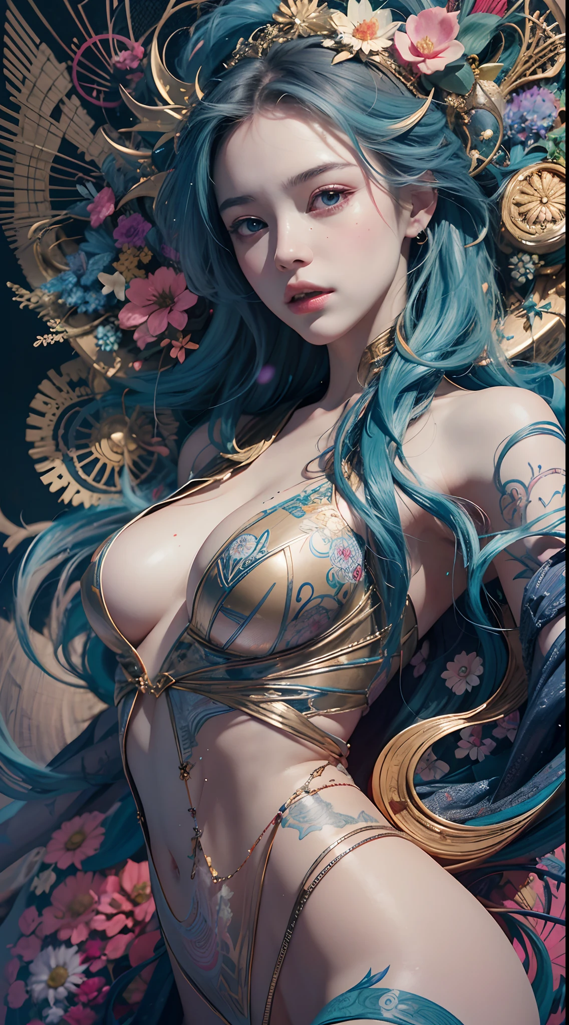offcial art, Unity 8k wallpaper, Ultra detailed, Beautiful and aesthetic, Beautiful, Masterpiece, Best quality, (zentangle, mandalas, tangled, entangle), Dynamic Angle, cow boy shot, The most beautiful form of chaos, elegant, Fauvistdesign, vivd colour, romanticism lain, author:James Jean, roby dwi antono, ross tran, Francis Bacon, Michal Mraz, adrian ghenie, petra cortright, Gerhard Richter, Takato Yamamoto, Ashley Wood, volumettic light, Atmospheric, enjoy a stream of music, where you can visualize the notes, ecstasy of musical notes, streaming musical notes visible, Naked, No clothes