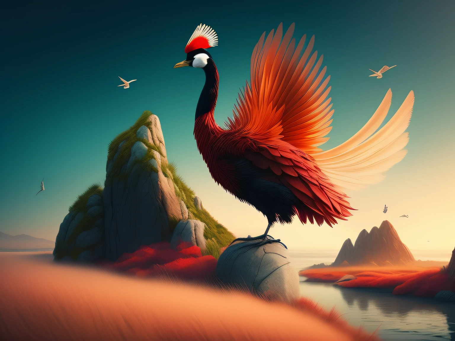 There is a one-legged red-crowned crane standing on a rock in the grass, a digital painting inspired by Mike Winkelmann, cgsociety contest winner, Fantasy art, fiery bird, birds f cgsociety, Beautiful digital artwork, surrealistic bird, Fantasy art Behance, stunning digital illustration, artwork of a phoenix, surrealistic bird, trend on behance 3d art