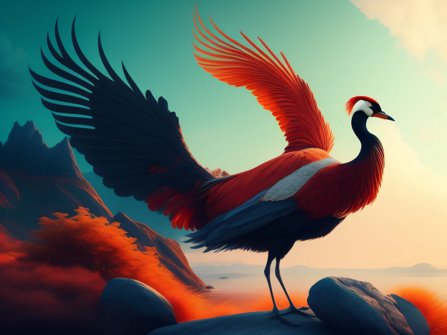 There is a one-legged red-crowned crane standing on a rock in the grass, a digital painting inspired by Mike Winkelmann, cgsociety contest winner, Fantasy art, fiery bird, birds f cgsociety, Beautiful digital artwork, surrealistic bird, Fantasy art Behance, stunning digital illustration, artwork of a phoenix, surrealistic bird, trend on behance 3d art